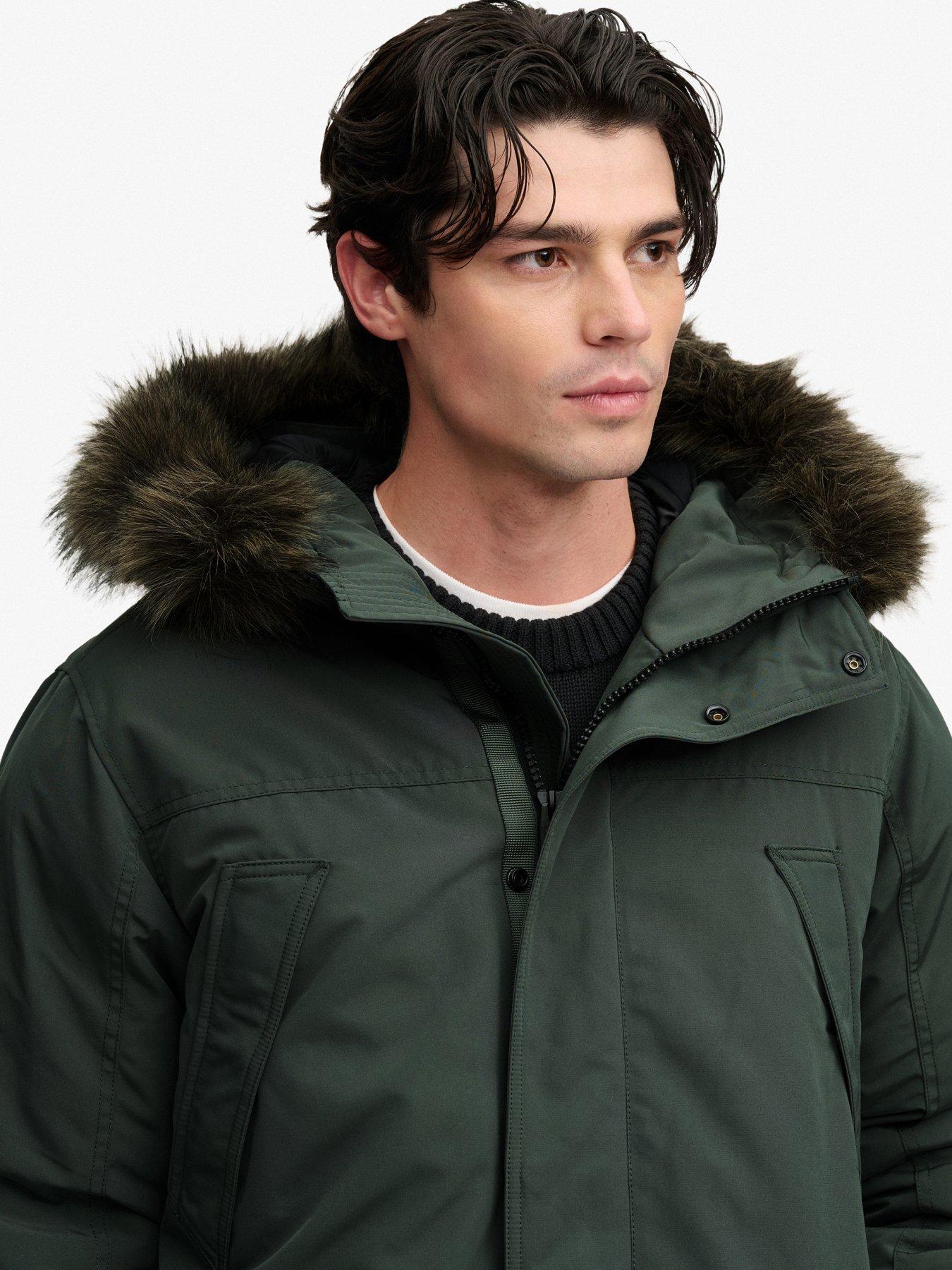 Image 3 of 7 of Superdry Mens Faux-Fur Hood Padded Parka Jacket - Dark Green