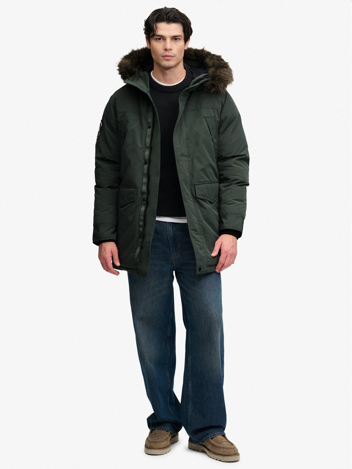 Image 6 of 7 of Superdry Mens Faux-Fur Hood Padded Parka Jacket - Dark Green