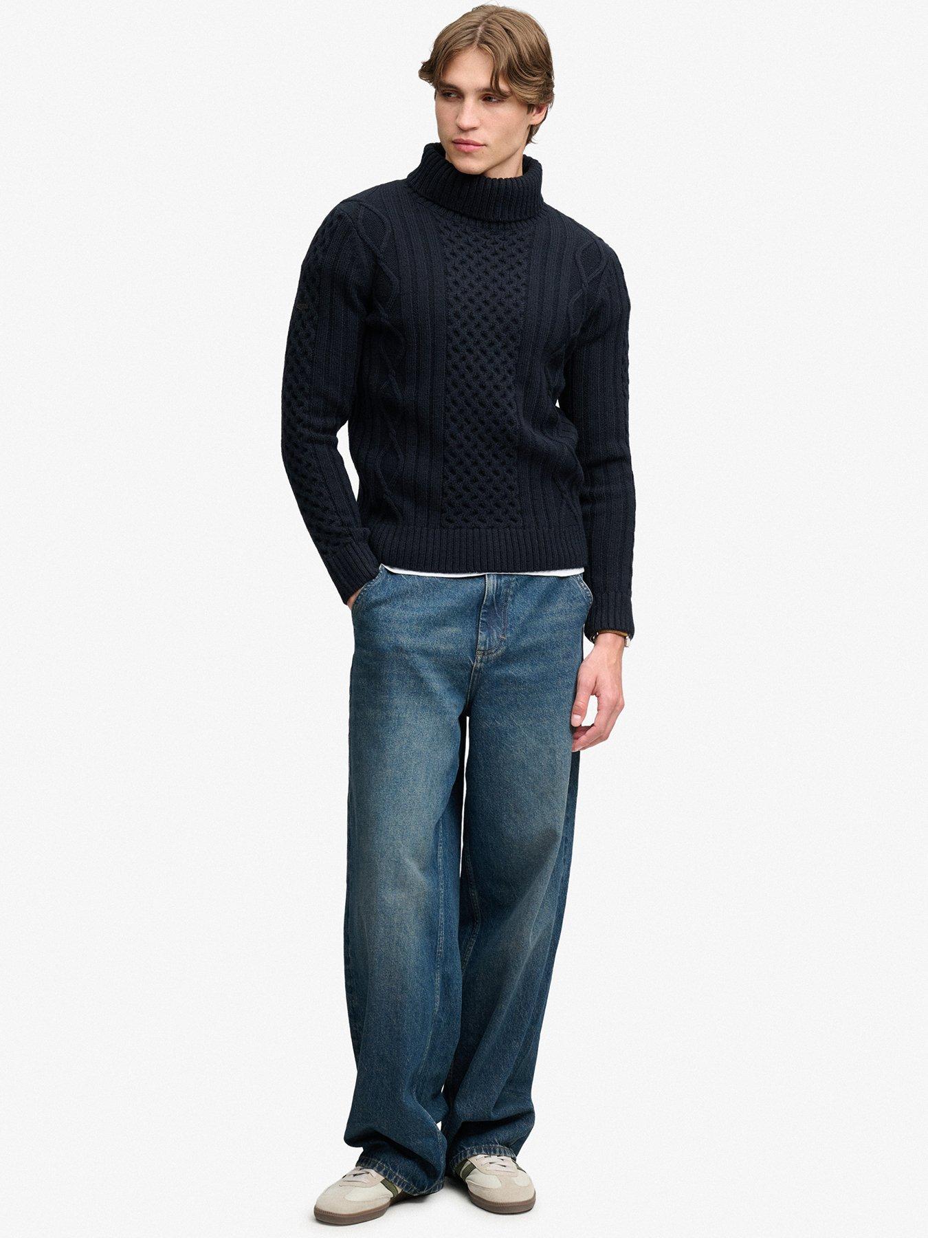 Image 3 of 5 of Superdry Mens Cable Knit Roll Neck Ribbed Trim Jumper - Navy