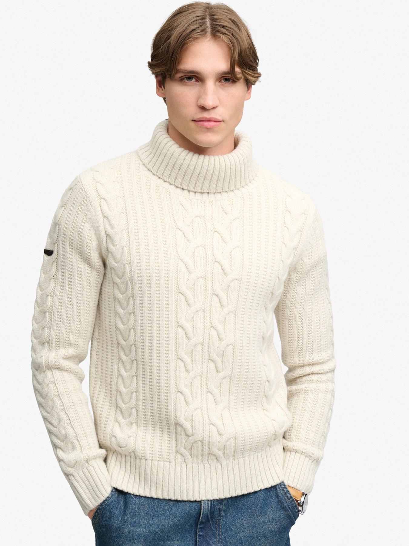Image 1 of 6 of Superdry Mens Jacob Cable Roll Neck Knitted Jumper - Cream