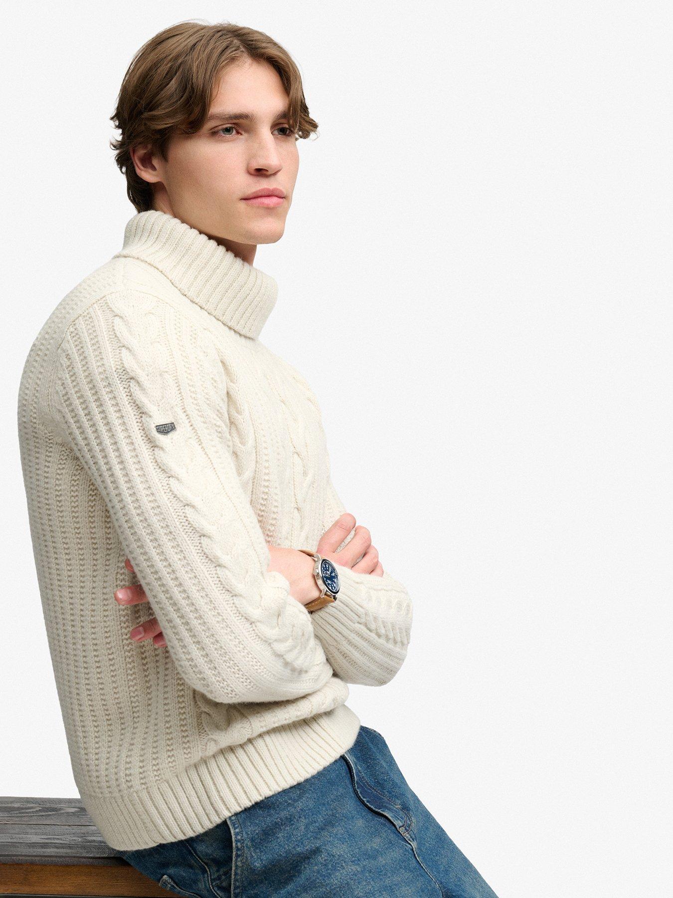Image 4 of 6 of Superdry Mens Jacob Cable Roll Neck Knitted Jumper - Cream