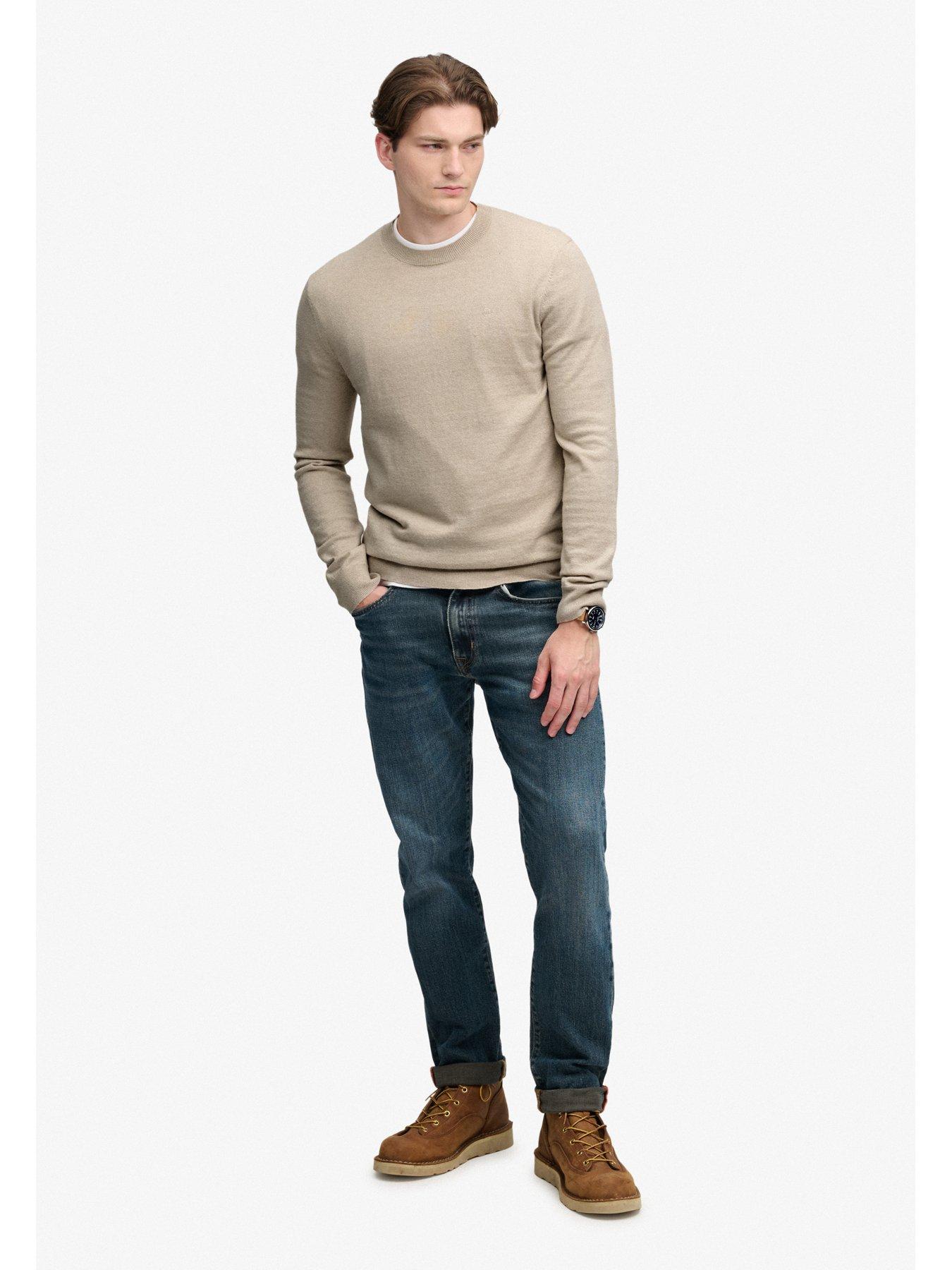 Image 3 of 7 of Superdry Mens Lightweight Crew Neck Ribbed Hem Jumper - Beige