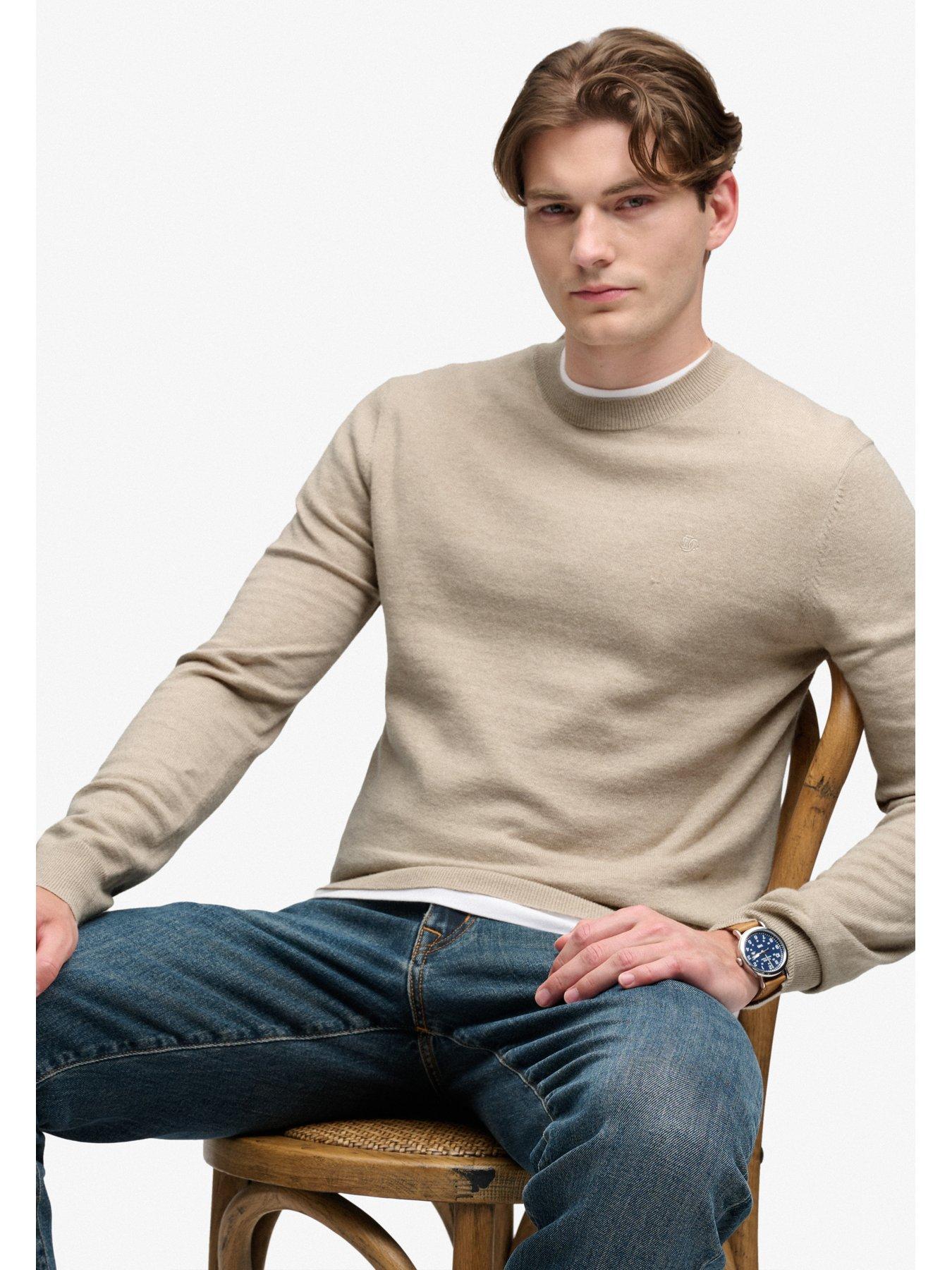 Image 4 of 7 of Superdry Mens Lightweight Crew Neck Ribbed Hem Jumper - Beige