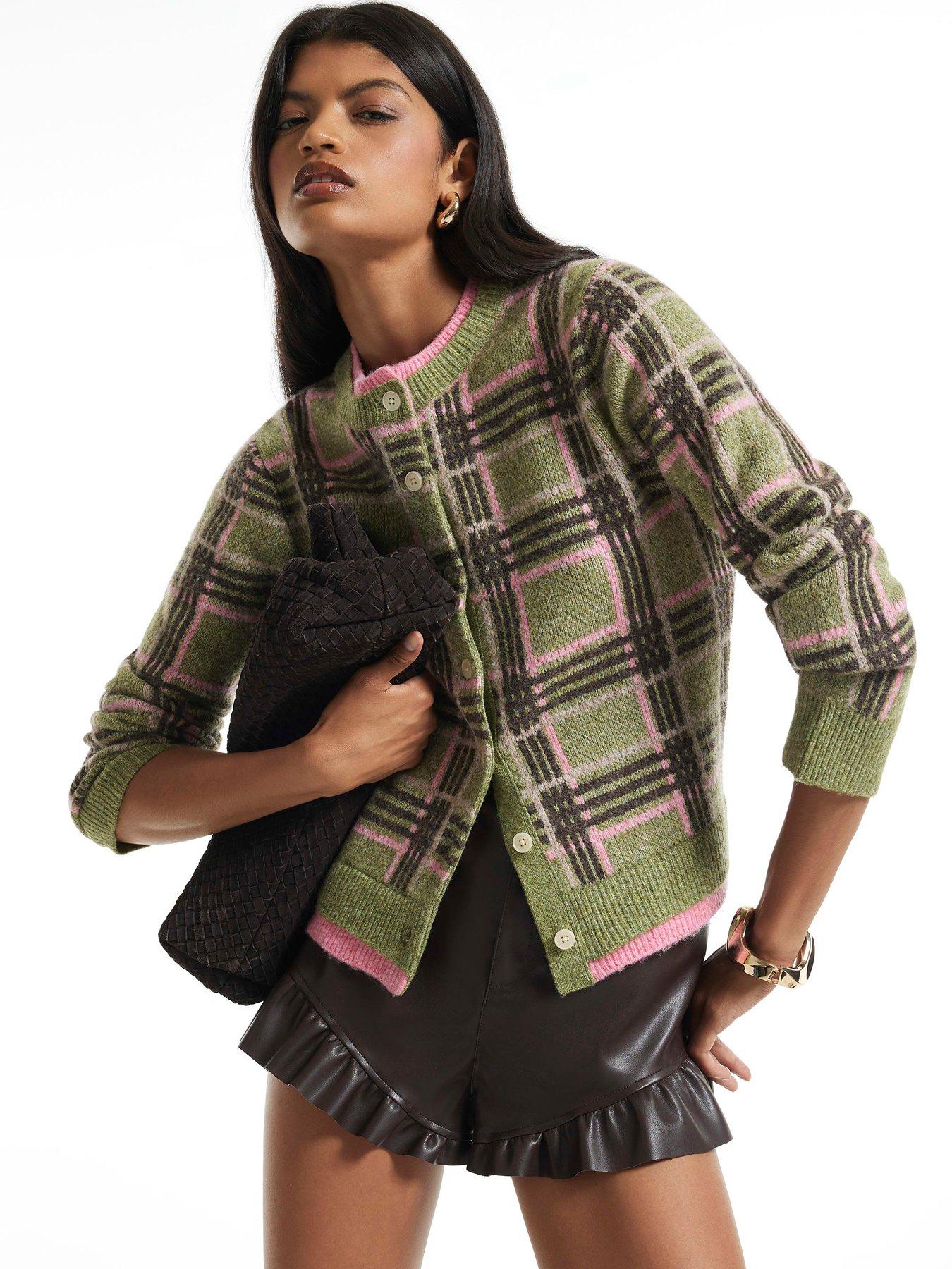 Image 1 of 6 of River Island Womens Double Layer Check Cardigan - Green