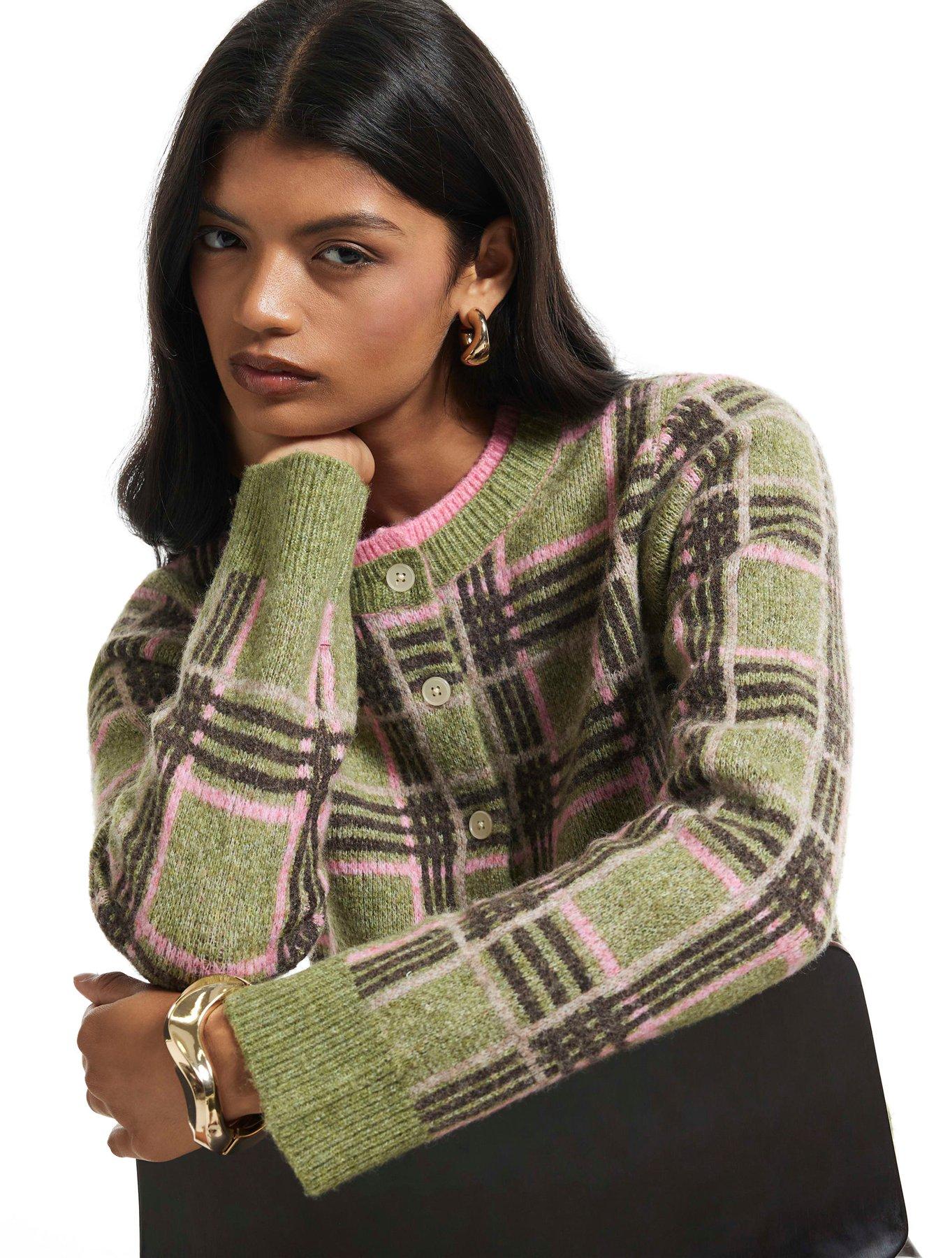 Image 4 of 6 of River Island Womens Double Layer Check Cardigan - Green