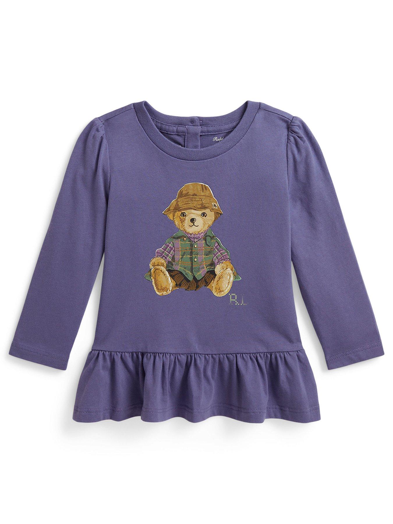 Polo Ralph Lauren Baby Girls' Bear Graphic Long Sleeve Peplum T-Shirt - Purple