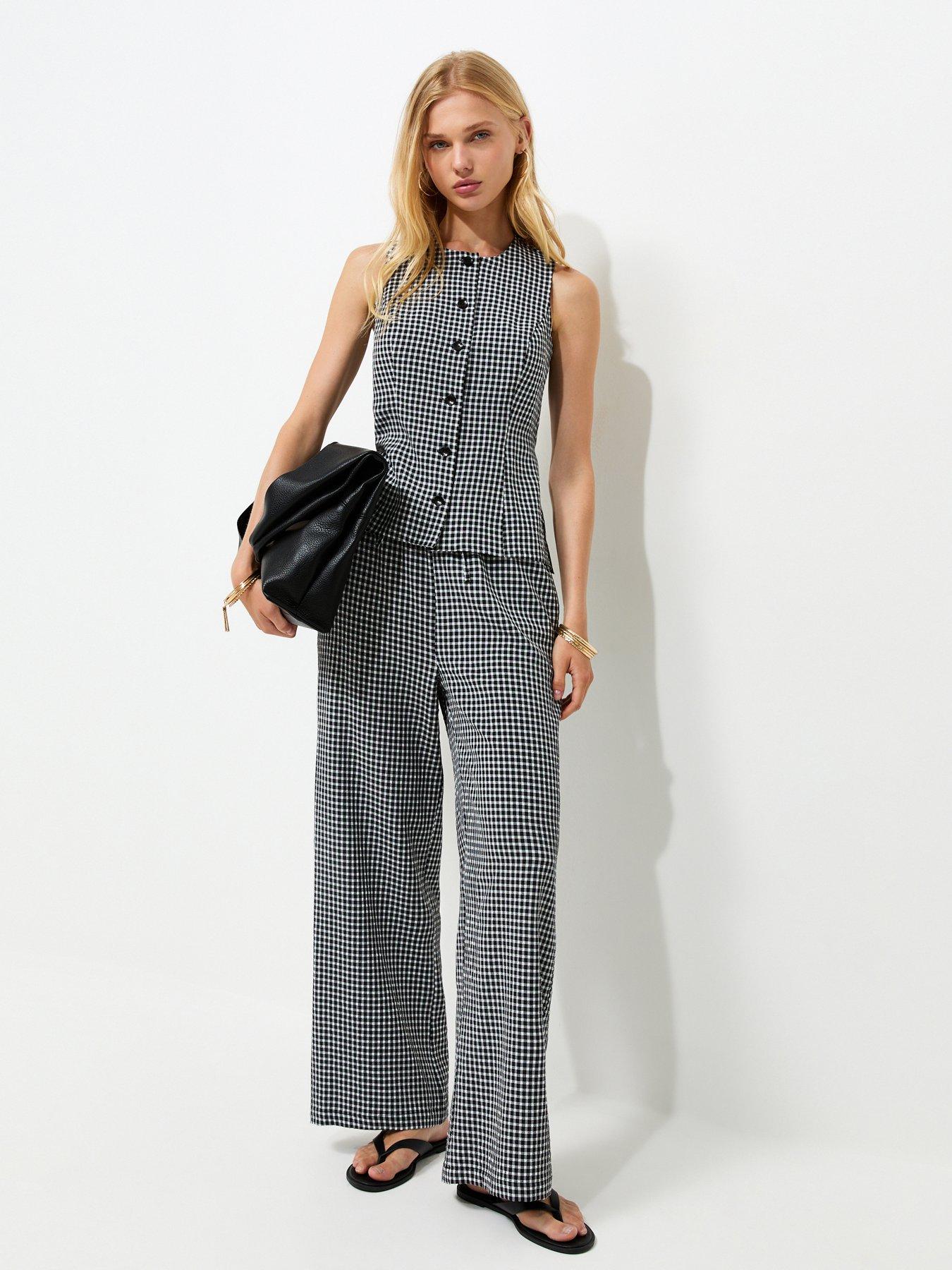 New Look Gingham Print Wide Leg Drawstring Trousers - Black