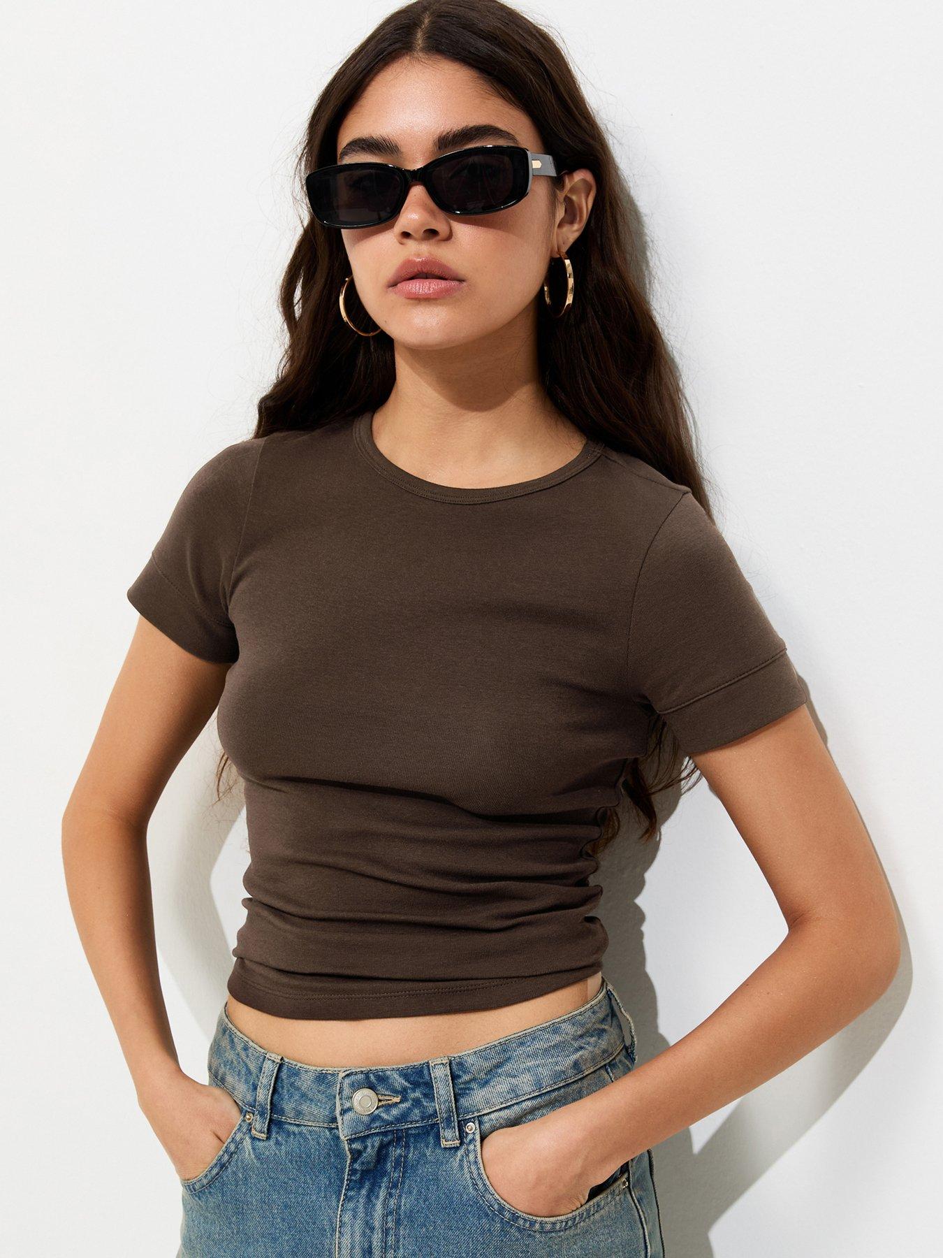 Image 1 of 5 of New Look Cotton Rich Deep Cuff Fitted Crew Neck T-Shirt - Brown
