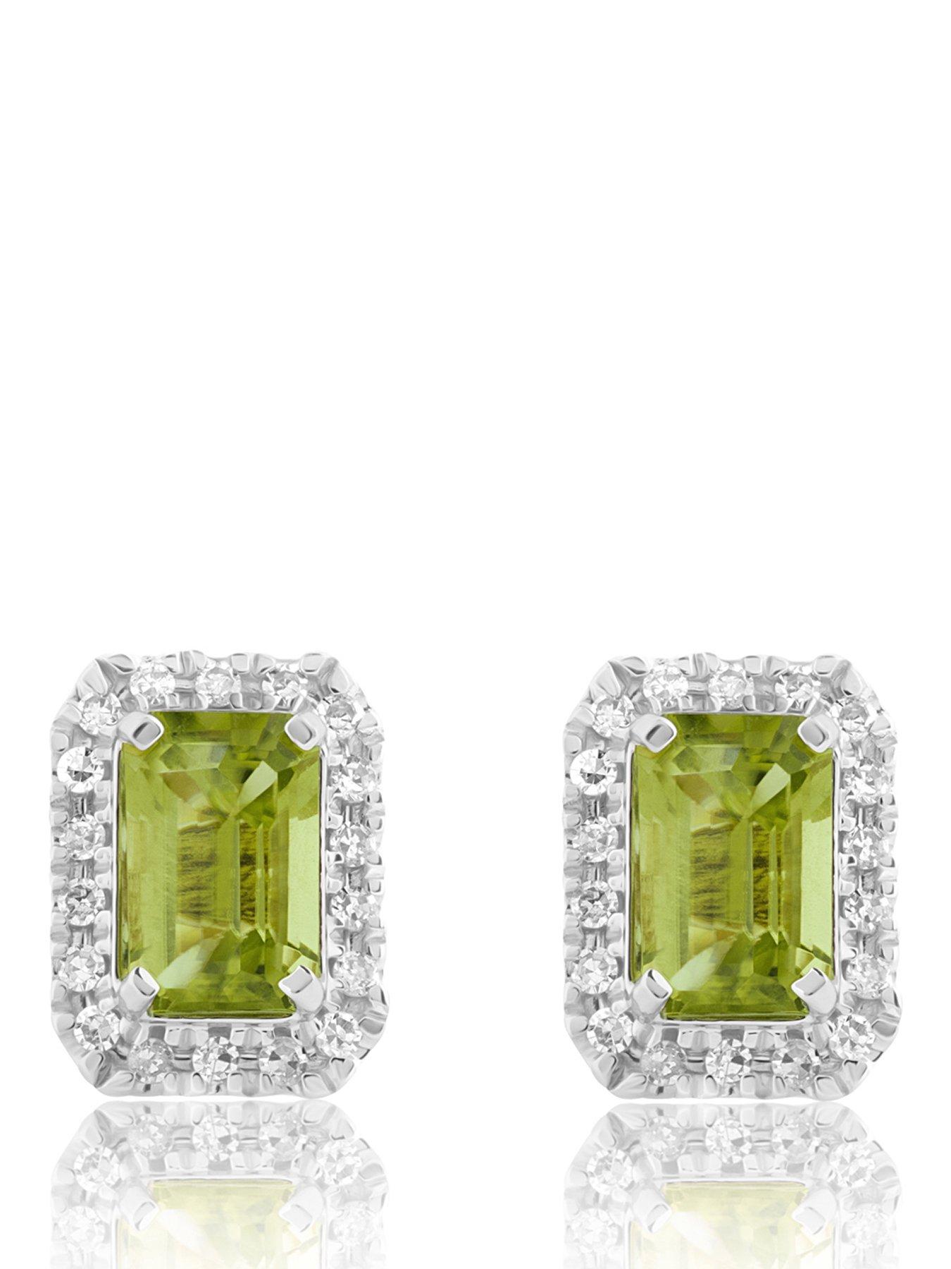 Love DIAMOND 18ct Plated Peridot Emerald Cut Diamond Halo Stud Earrings