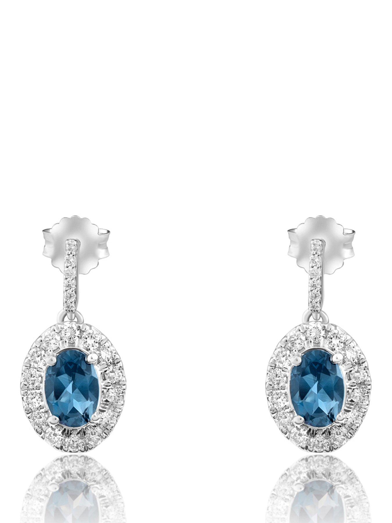 Love DIAMOND Platinum Plated London Blue Topaz Oval Cut Lab Grown Diamond Halo Drop Earrings