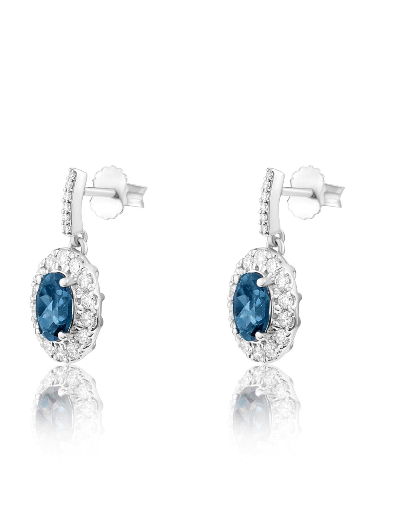 Image 2 of 5 of Love DIAMOND Platinum Plated London Blue Topaz Oval Cut Lab Grown Diamond Halo Drop Earrings