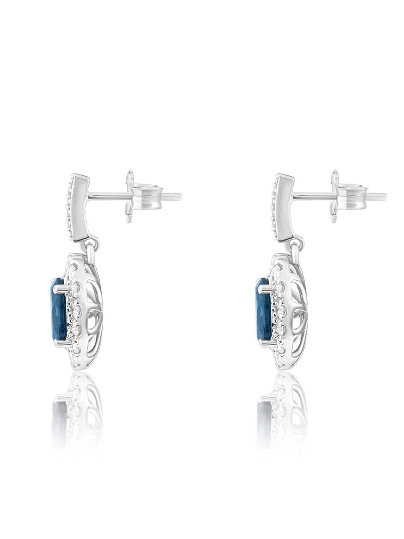 Image 3 of 5 of Love DIAMOND Platinum Plated London Blue Topaz Oval Cut Lab Grown Diamond Halo Drop Earrings