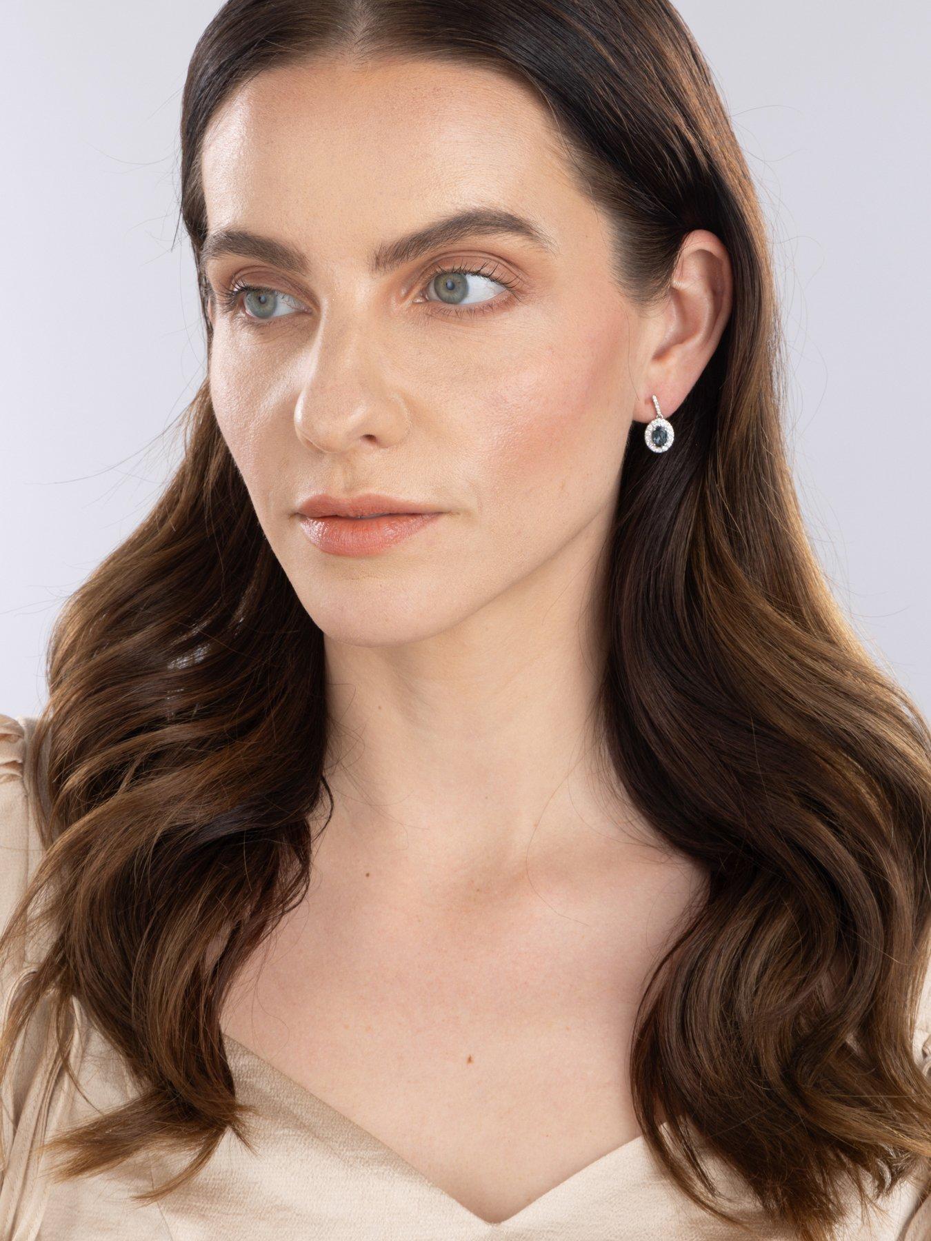Image 4 of 5 of Love DIAMOND Platinum Plated London Blue Topaz Oval Cut Lab Grown Diamond Halo Drop Earrings