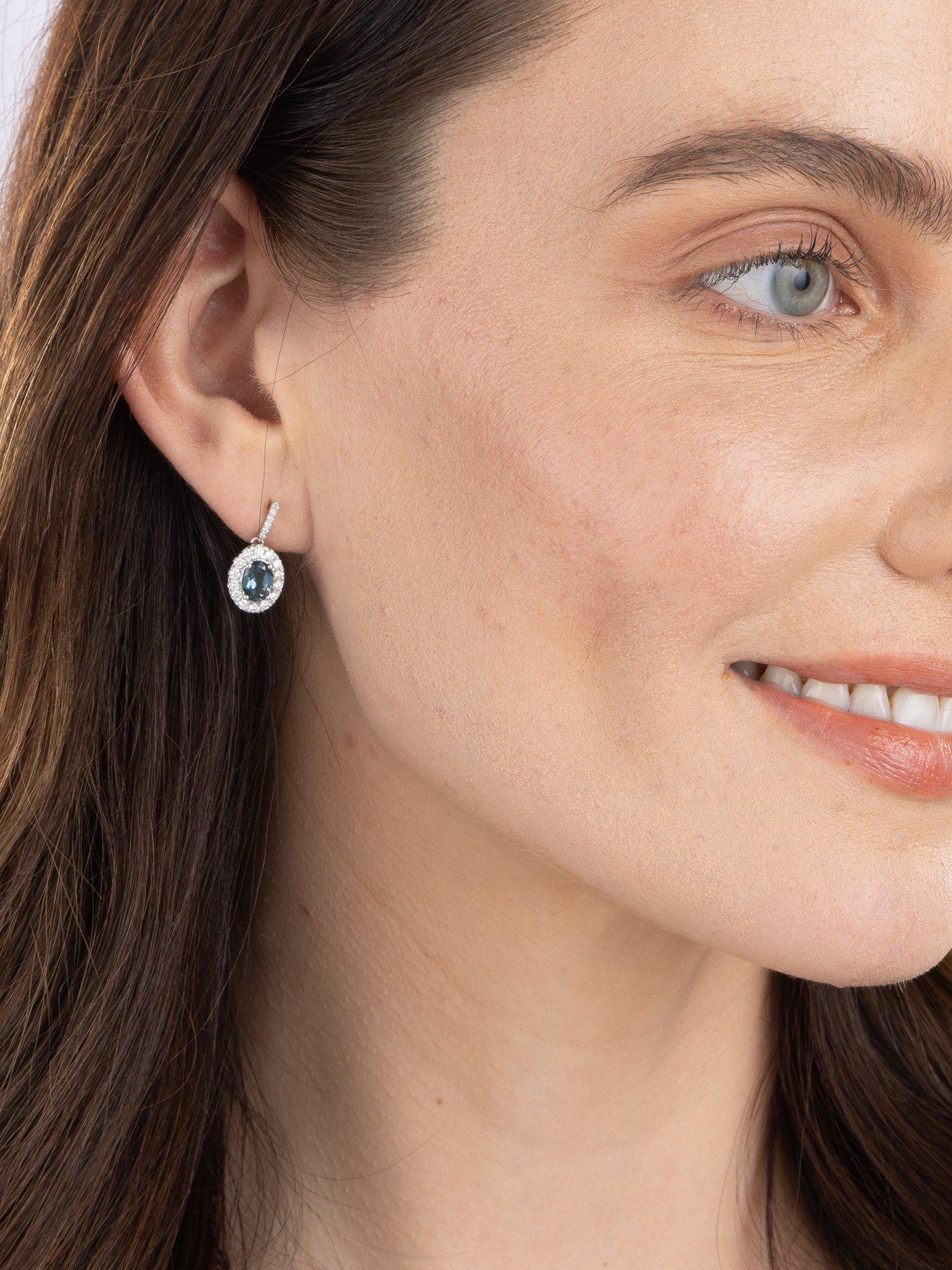 Image 5 of 5 of Love DIAMOND Platinum Plated London Blue Topaz Oval Cut Lab Grown Diamond Halo Drop Earrings