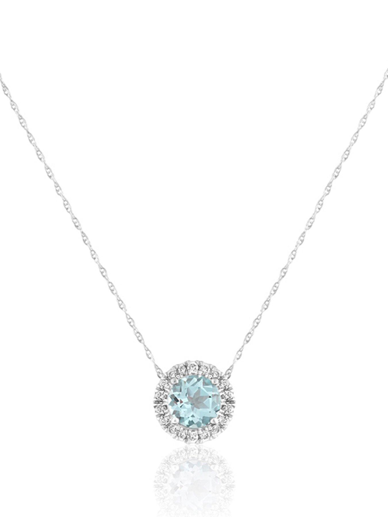Love DIAMOND Platinum Plated Sky Blue Topaz Round Lab Grown Diamond Halo Necklace
