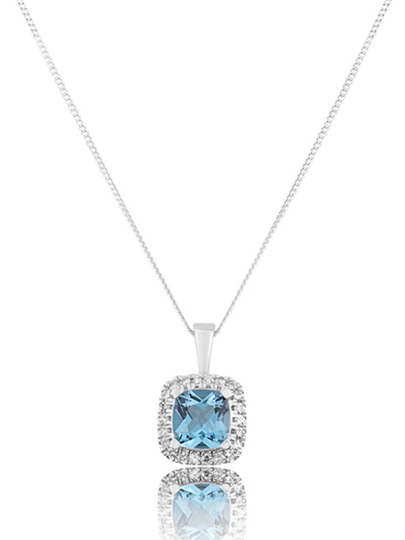 Love DIAMOND Platinum Plated Swiss Blue Topaz Cushion Cut Diamond Halo Pendant Necklace