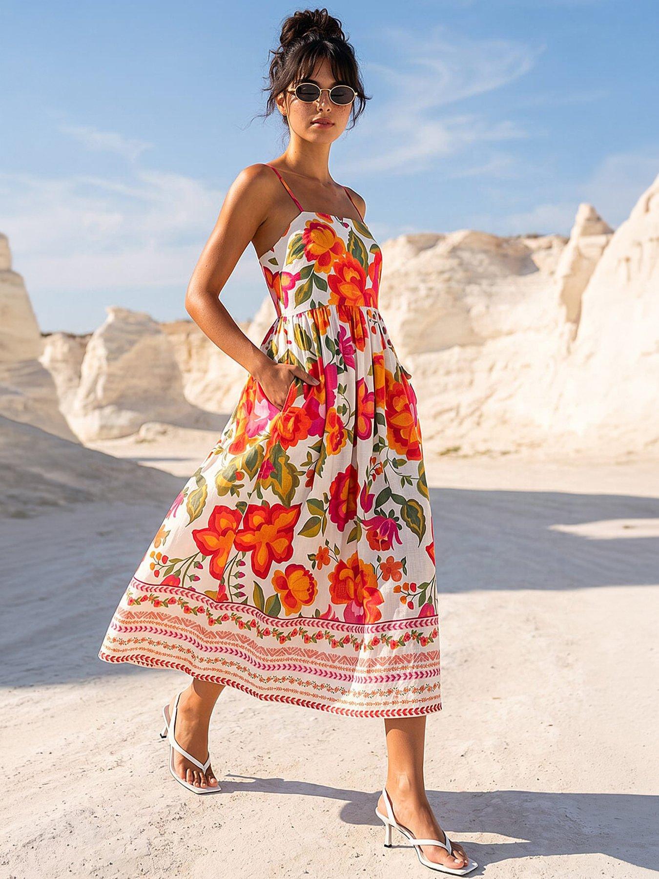 Roman Dusk Cotton Floral Border Midi Dress