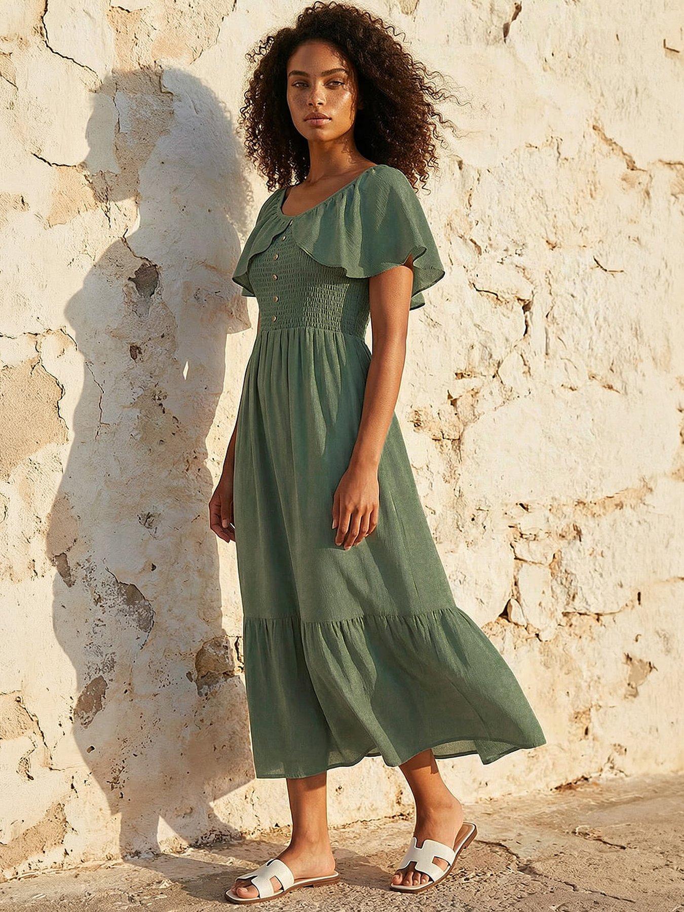 Roman Dusk Shirred Frill Maxi Dress