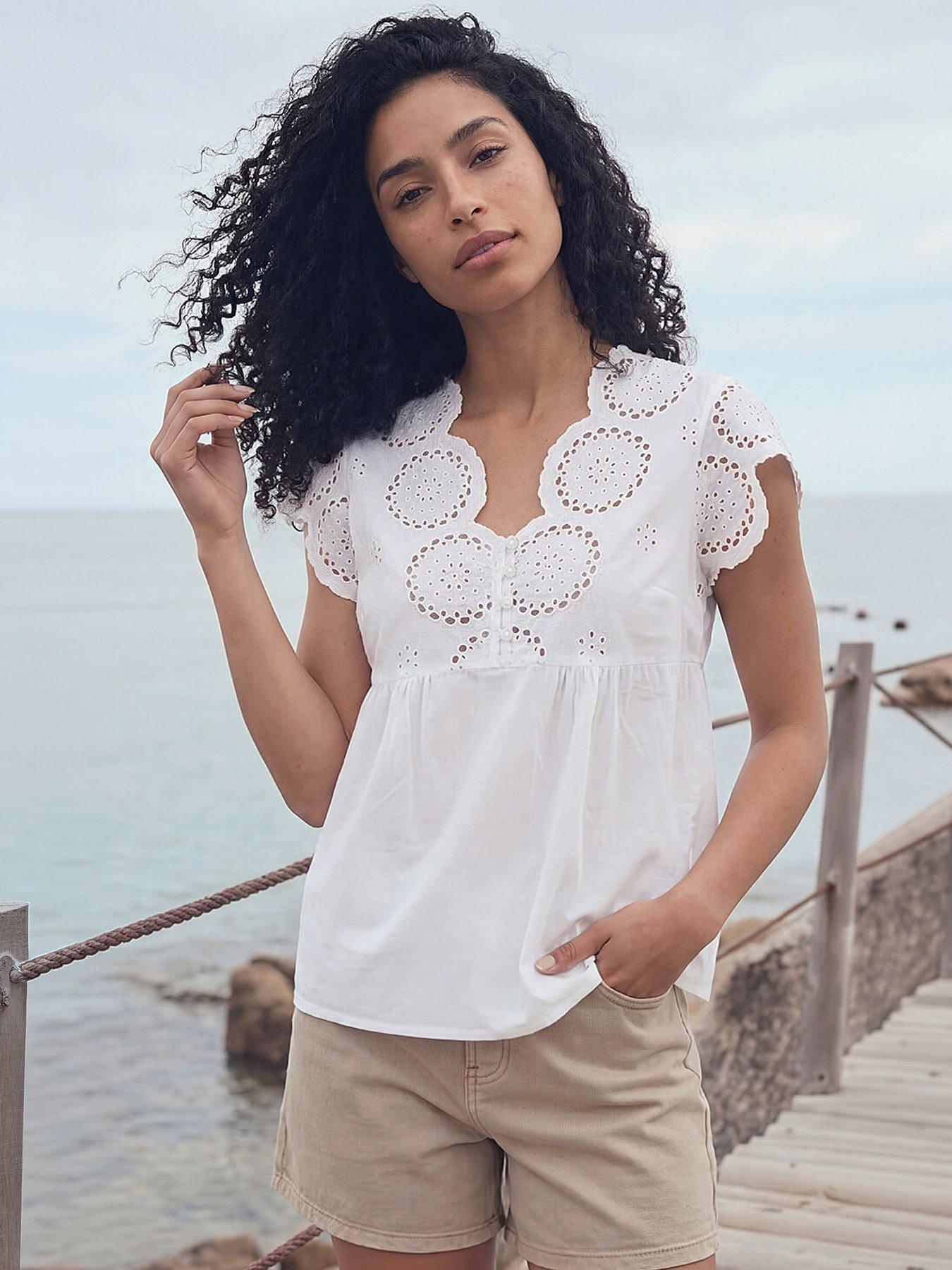 Roman Broidery Buttoned Top, Cream, Size 14, Women