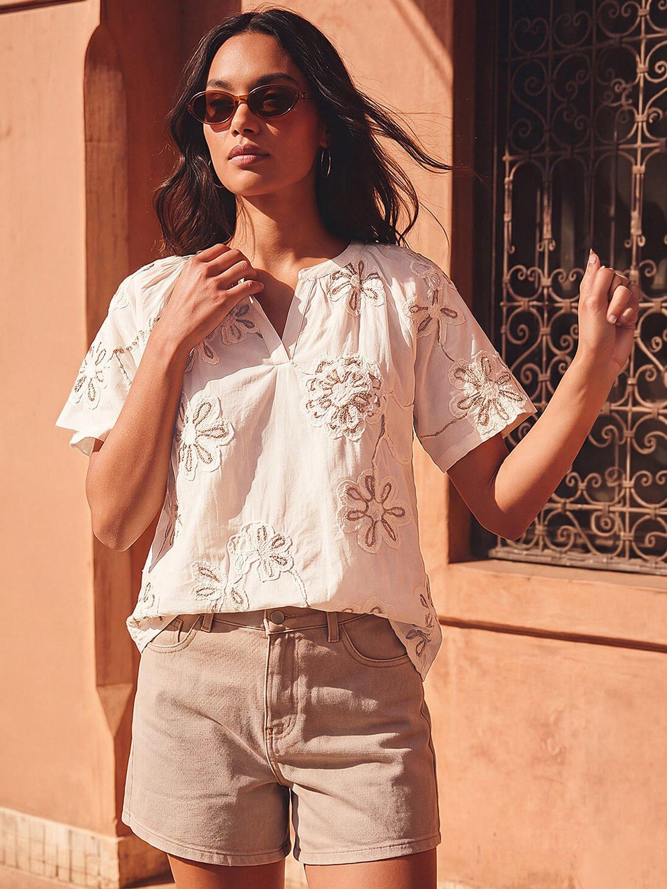 Roman Floral Embroidered Cotton Tunic Top, Cream, Size 20, Women