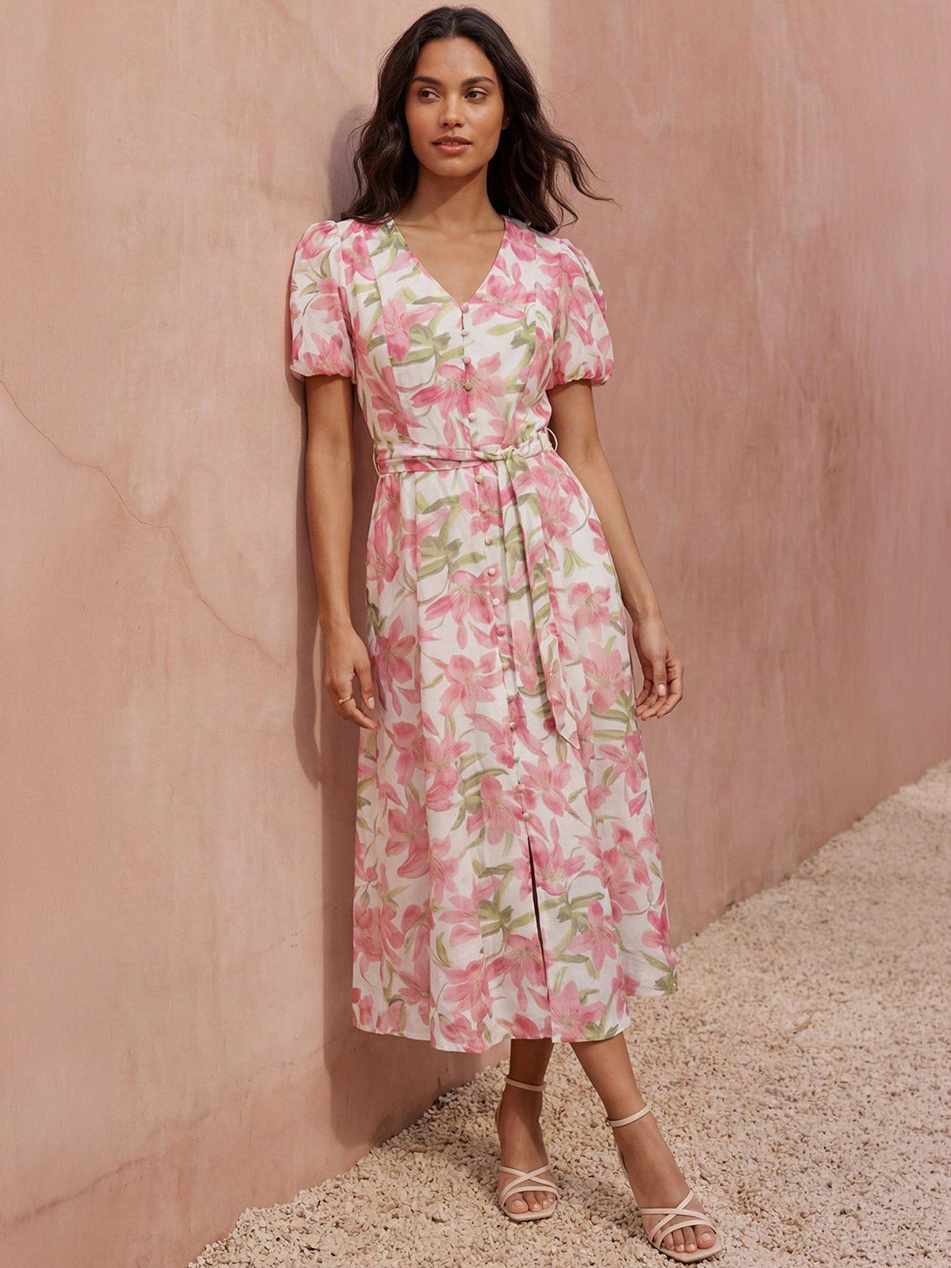 Roman Floral Print Puff Sleeve Midi Dress, Pink, Size 16, Women