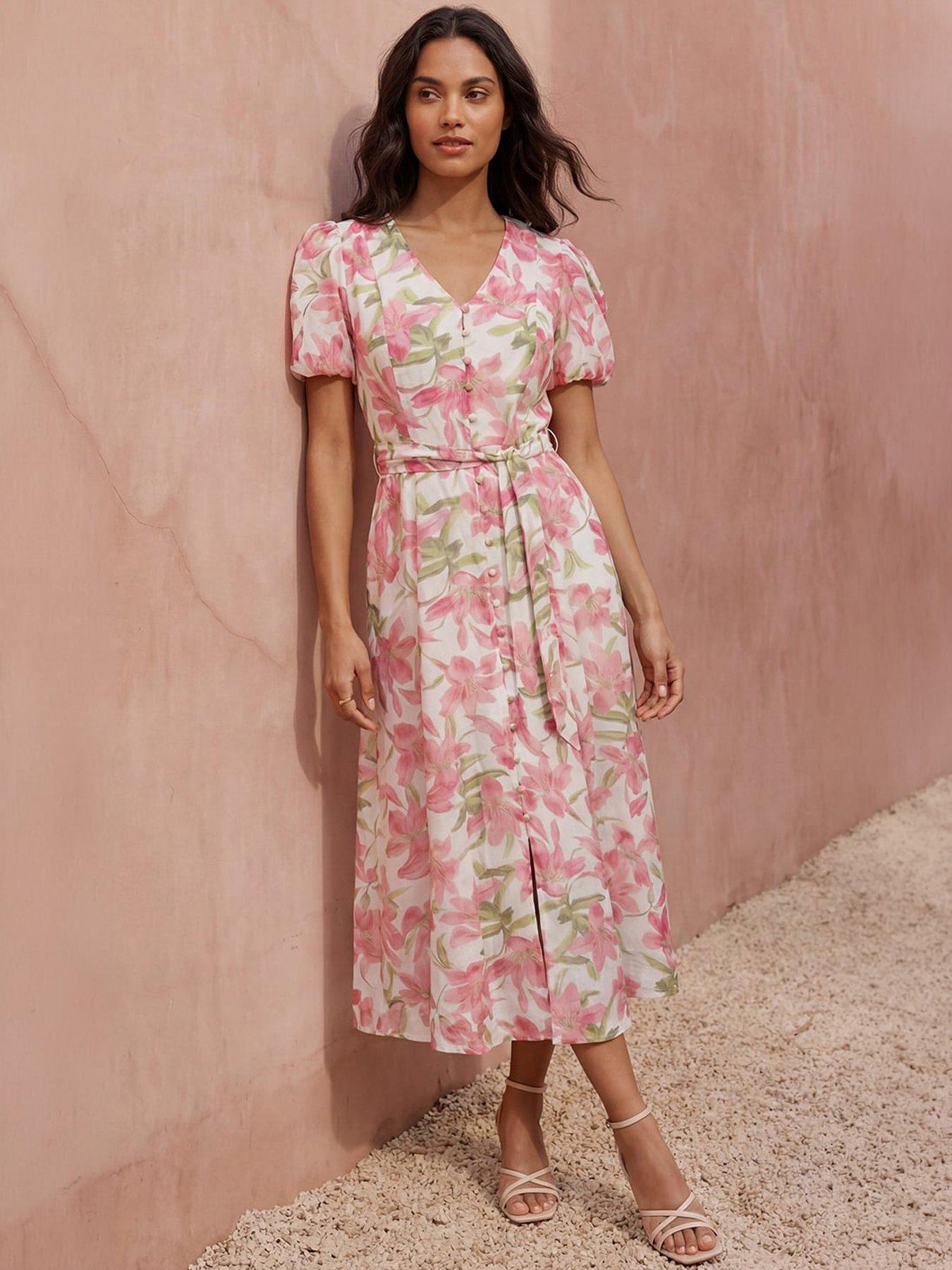 Roman Floral Print Puff Sleeve Midi Dress