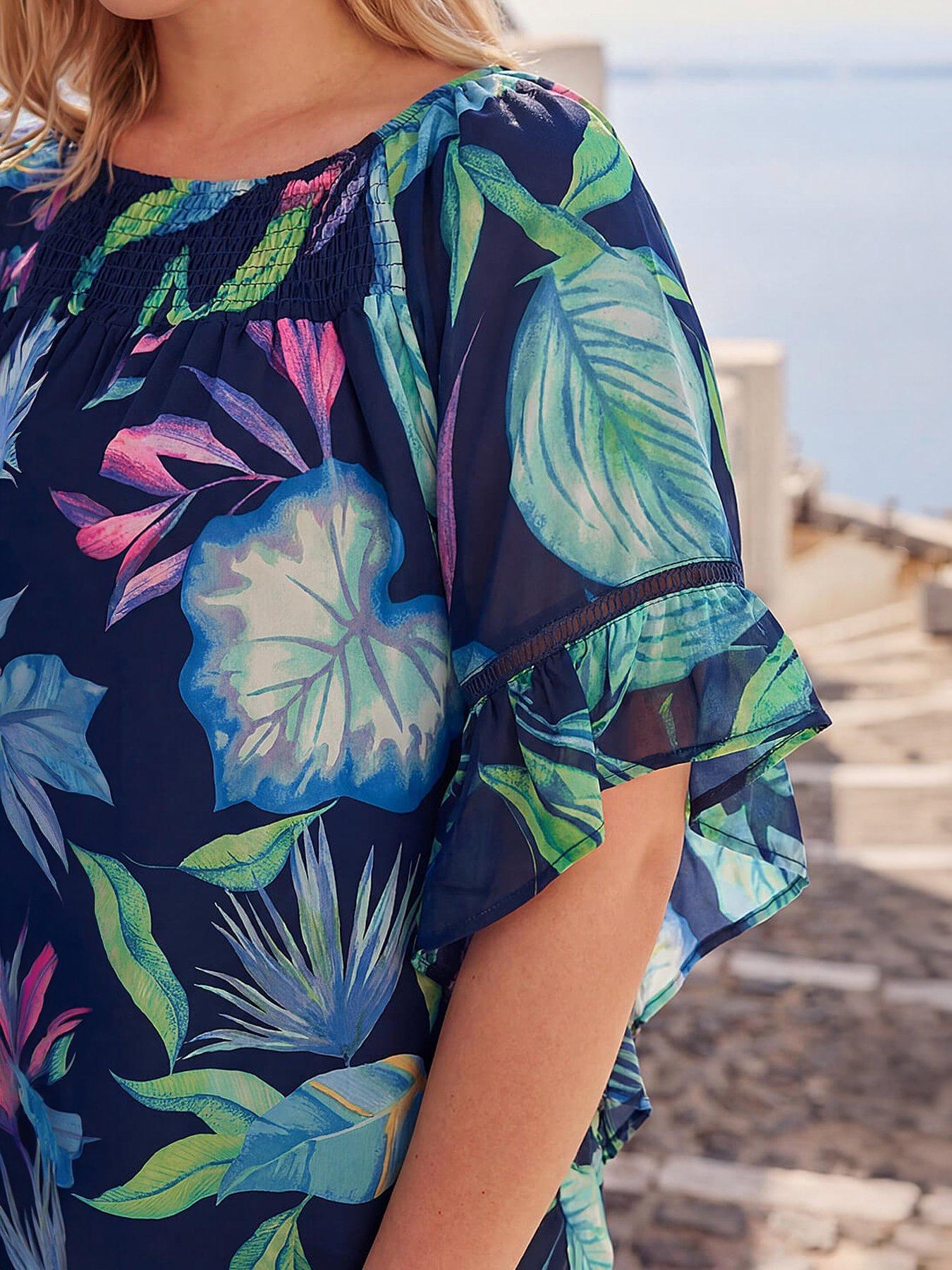 Image 2 of 4 of Roman Curve Floral Print Shirred Bardot Top