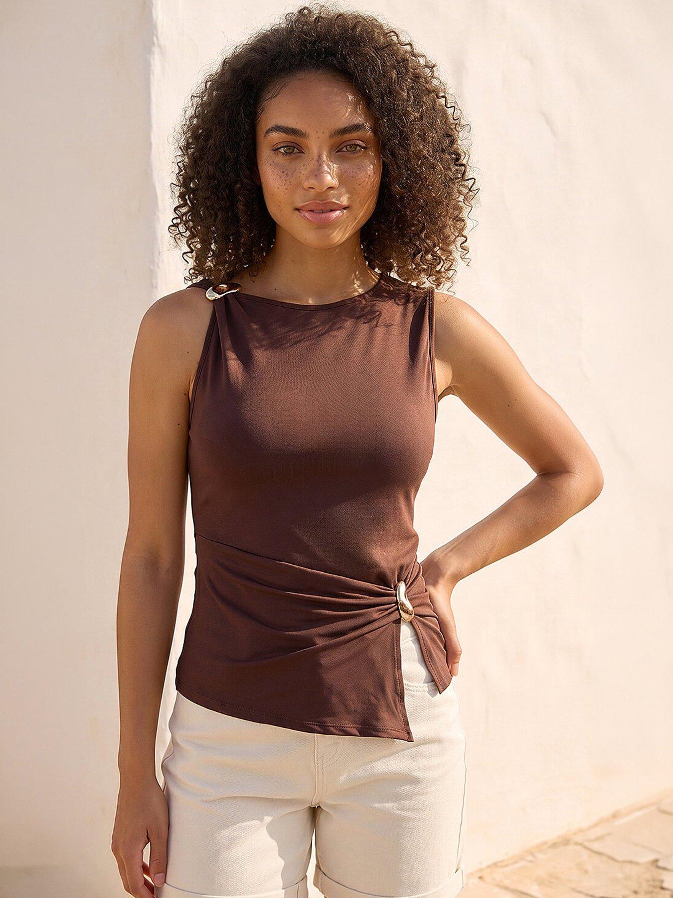 Roman Dusk Hardware Trim Tank Top, Brown, Size 10, Women
