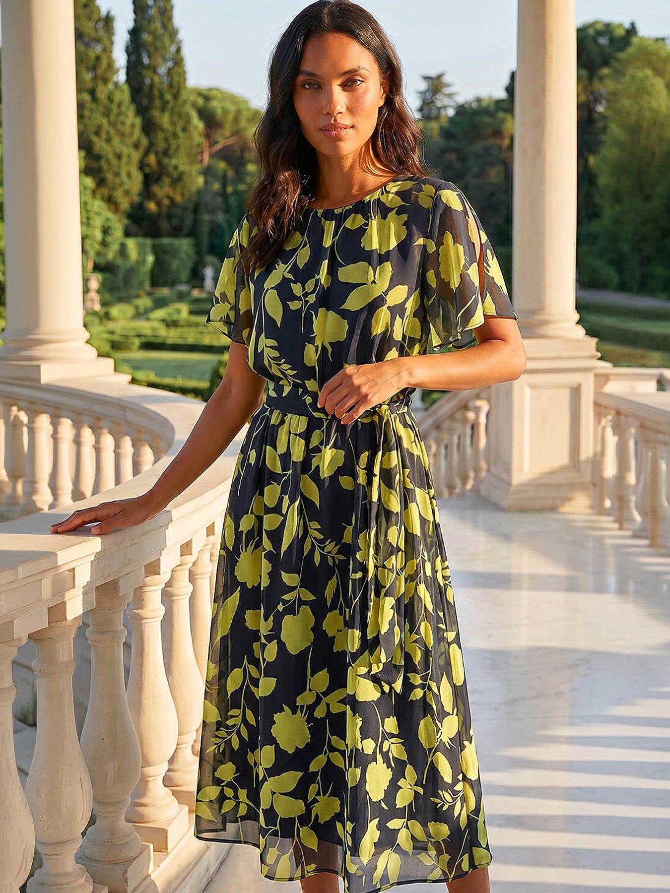 Roman Women's Navy Floral Split Sleeve Midi Dress Size 18 - Image 2