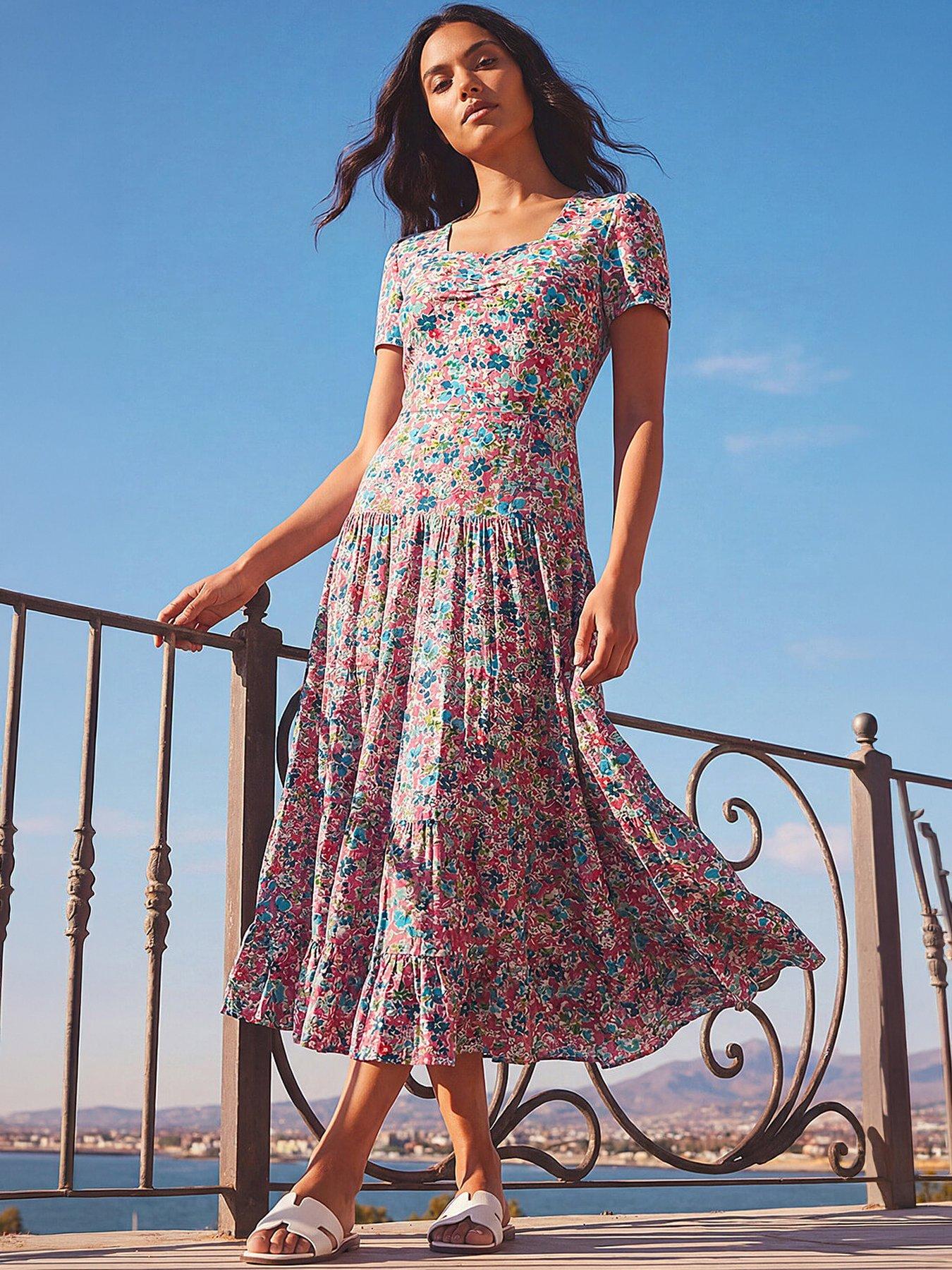 Roman Floral Ruched Midi Dress, Pink, Size 12, Women