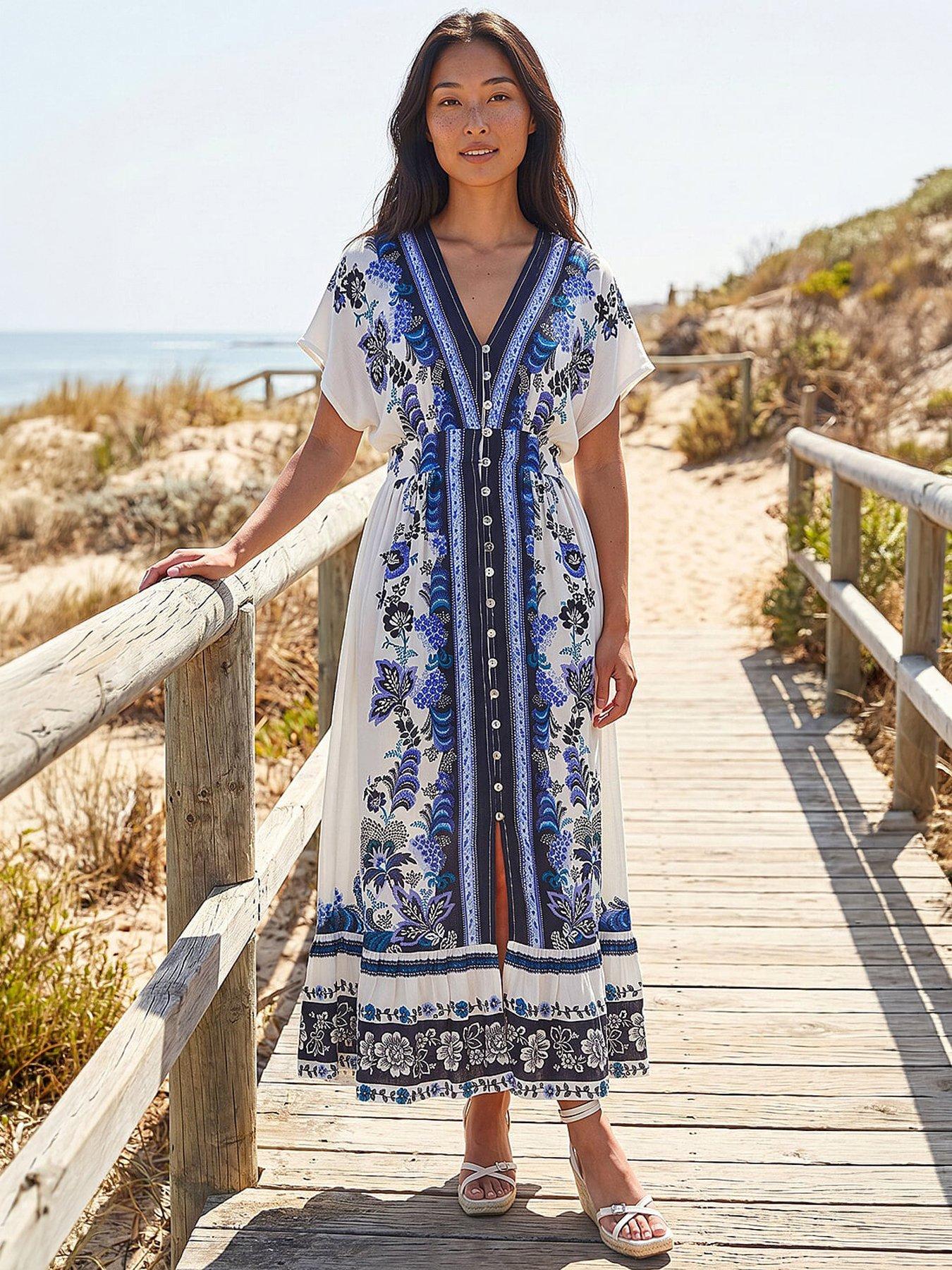 Roman Petite Border Print V-neck Midi Dress