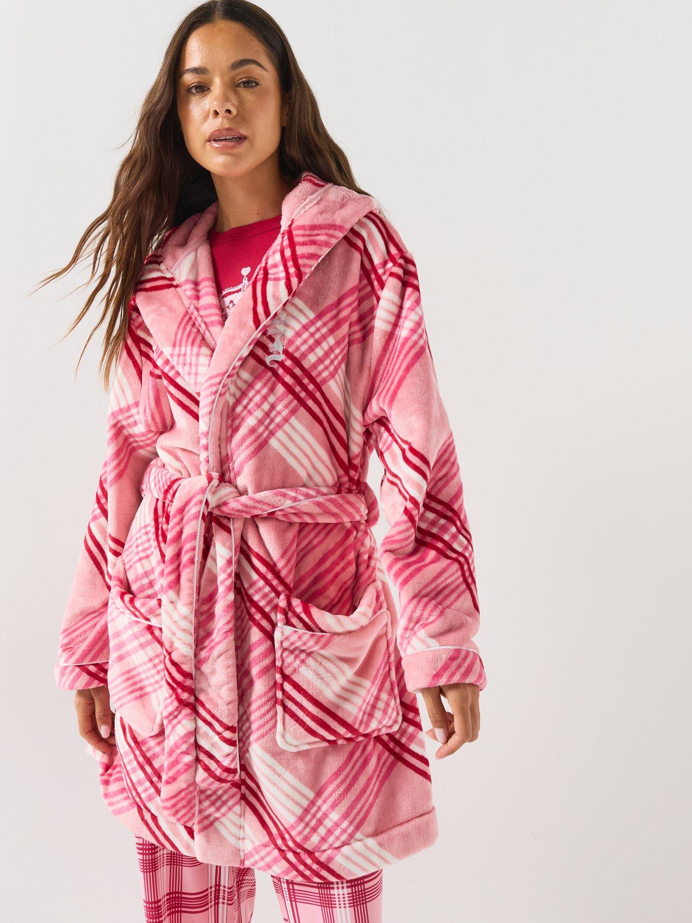 Image 1 of 5 of Juicy Couture Womens Lottie Plush Hooded Tie Belt Dressing Gown - Pink