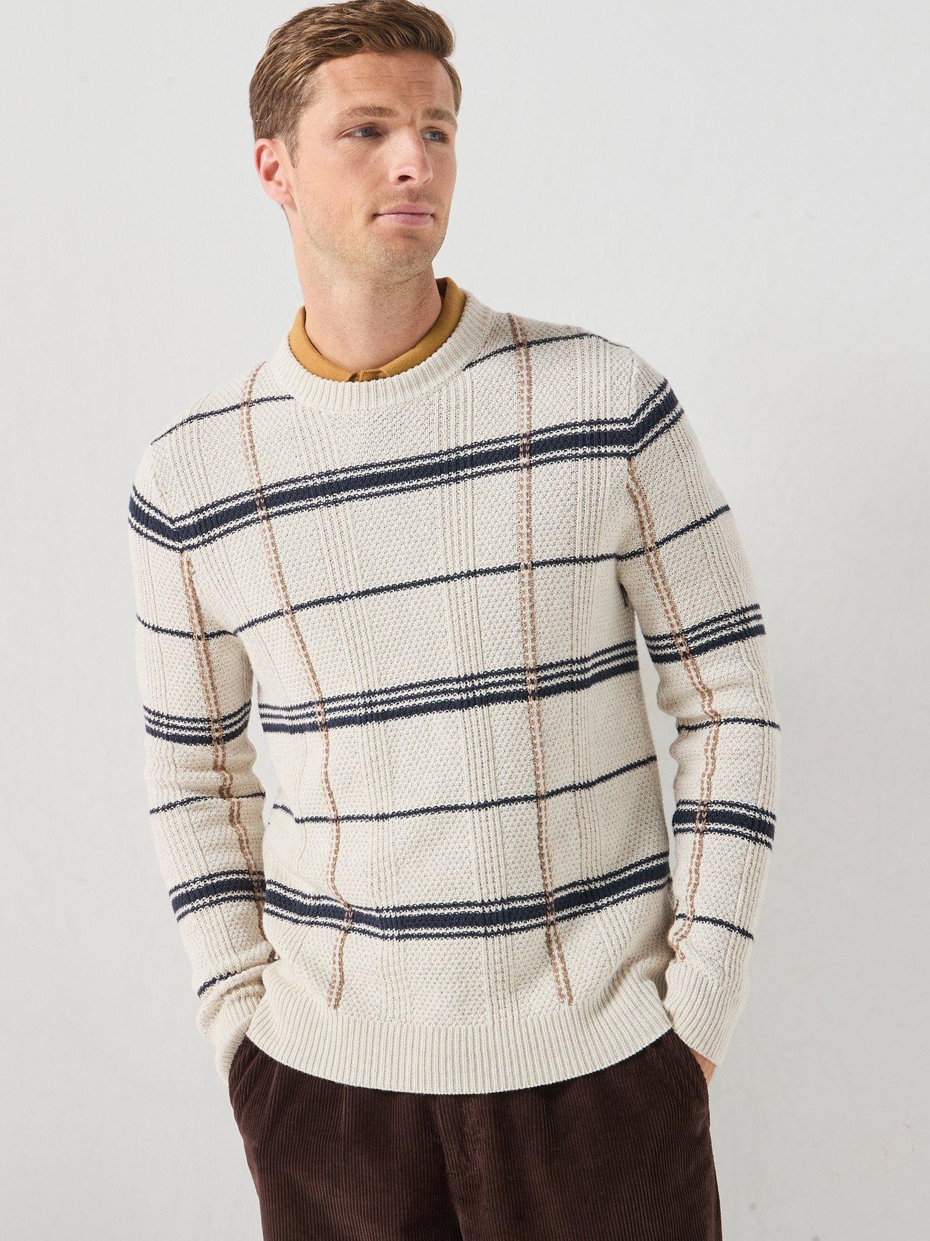 Barbour Fasey Cable Tartan Crewneck Knitted Jumper, White, Size M, Men