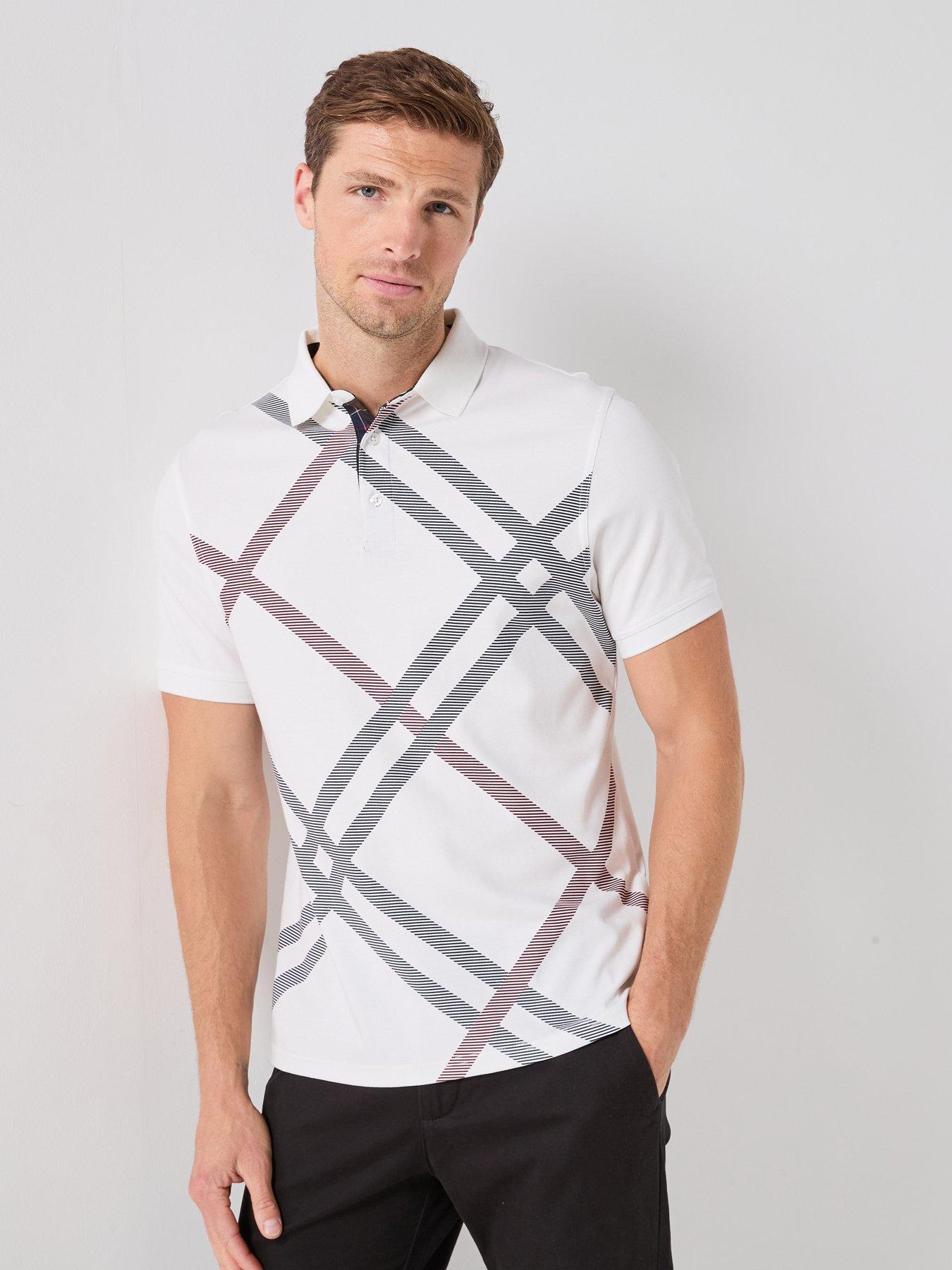 Barbour Tartan Bias Print Tailored Polo Shirt, White, Size M, Men