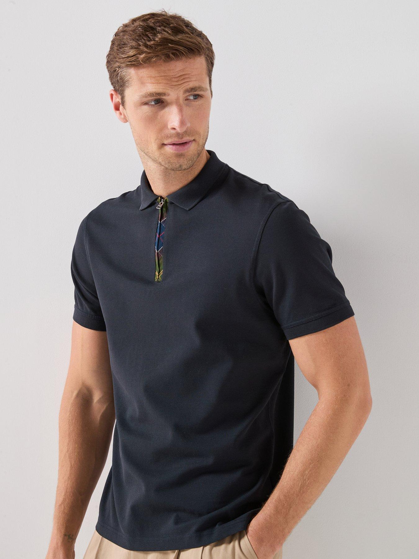 Barbour Stately Zip Tartan Polo Shirt, Navy, Size L, Men