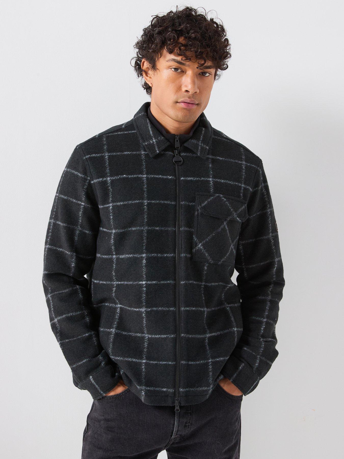 Barbour International Payne Checked Zipped Fleece Overshirt, Black, Size M, Men