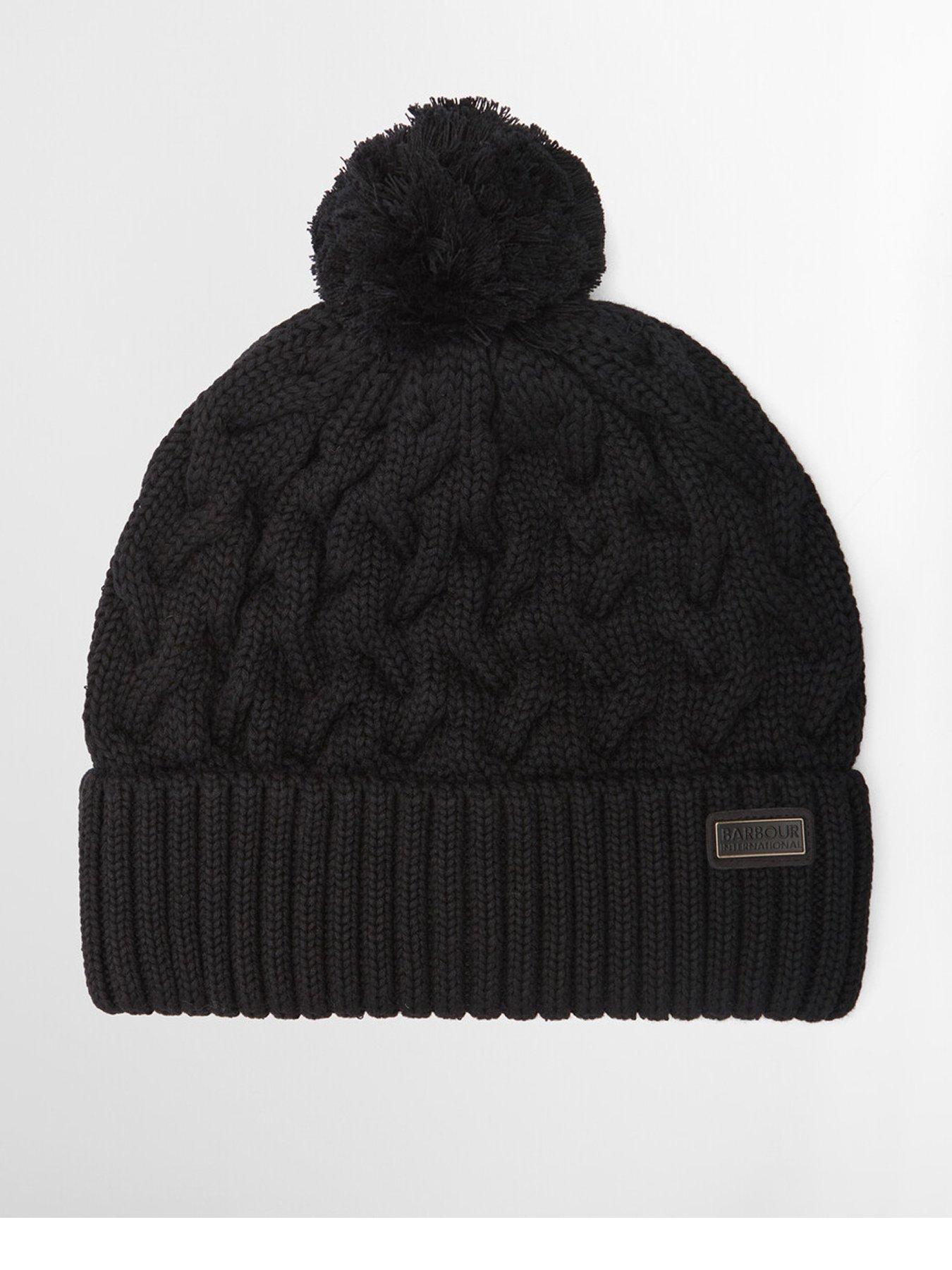 Barbour International Mens Drift Cable Knit Pom Pom Beanie Hat, Black, Men