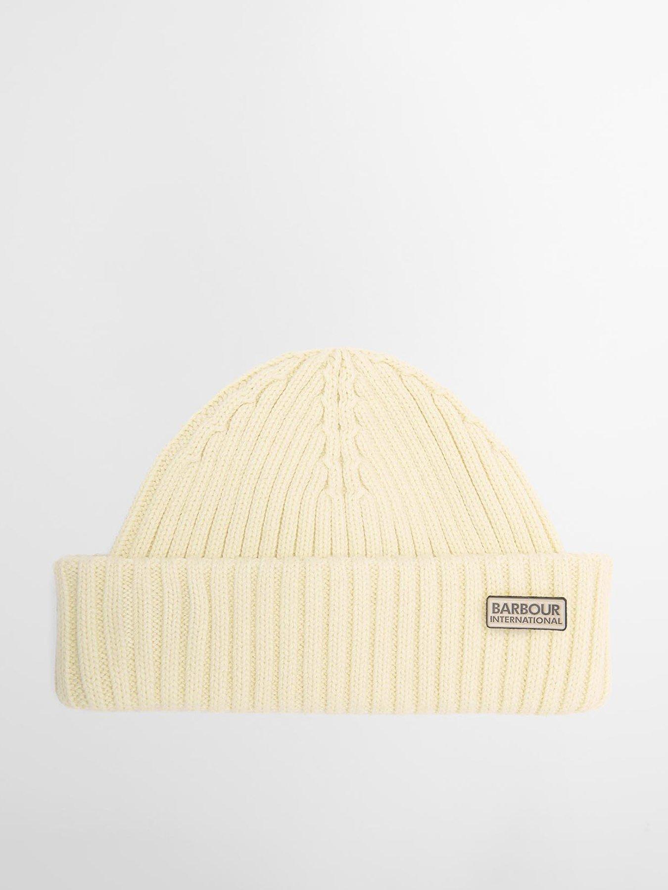 Barbour International Mens Dufton Turn-Up Rib Knit Beanie Hat - Cream