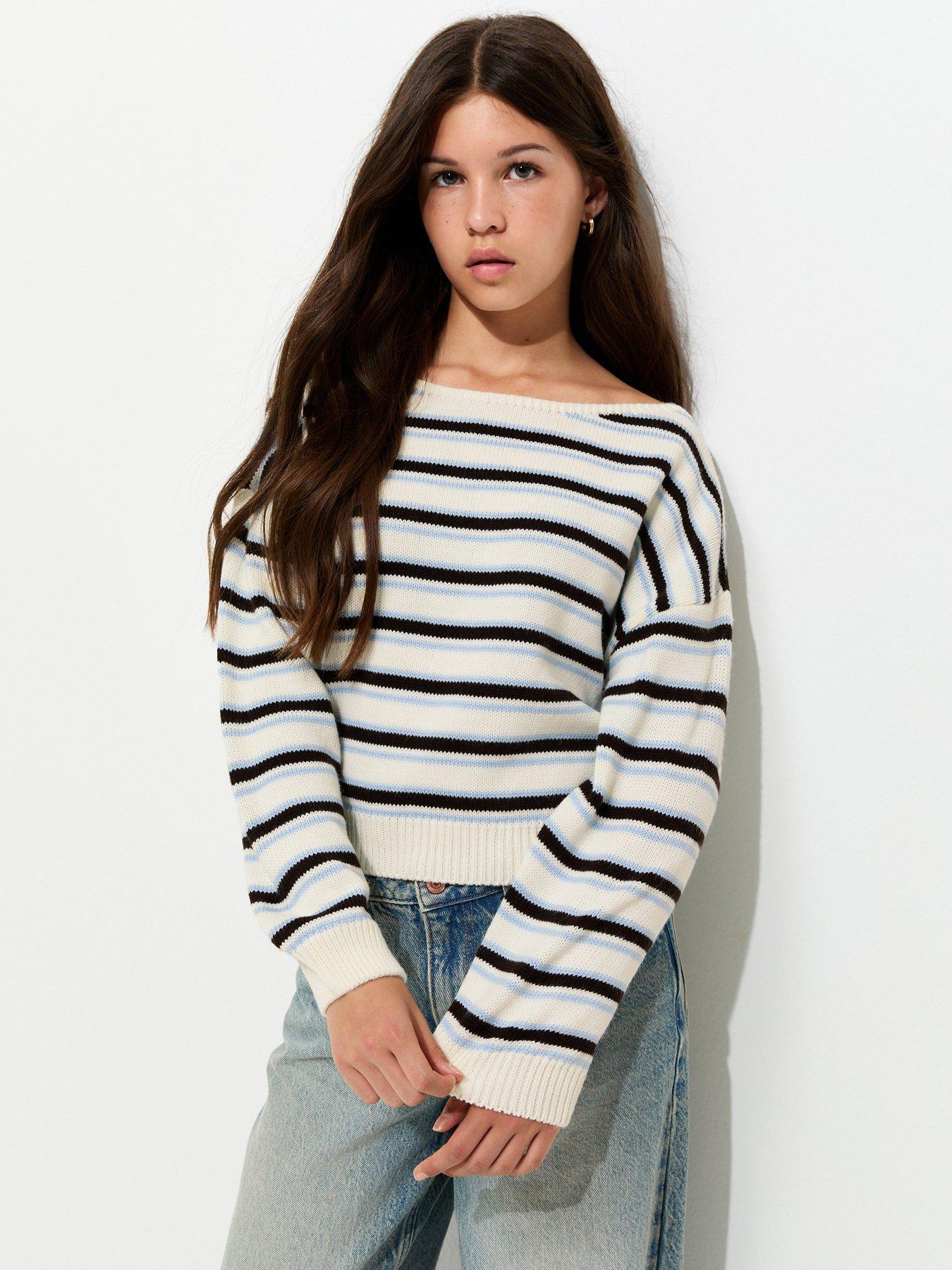 Image 1 of 5 of New Look 915 Girls Striped Knit Slash Neck Jumper - White