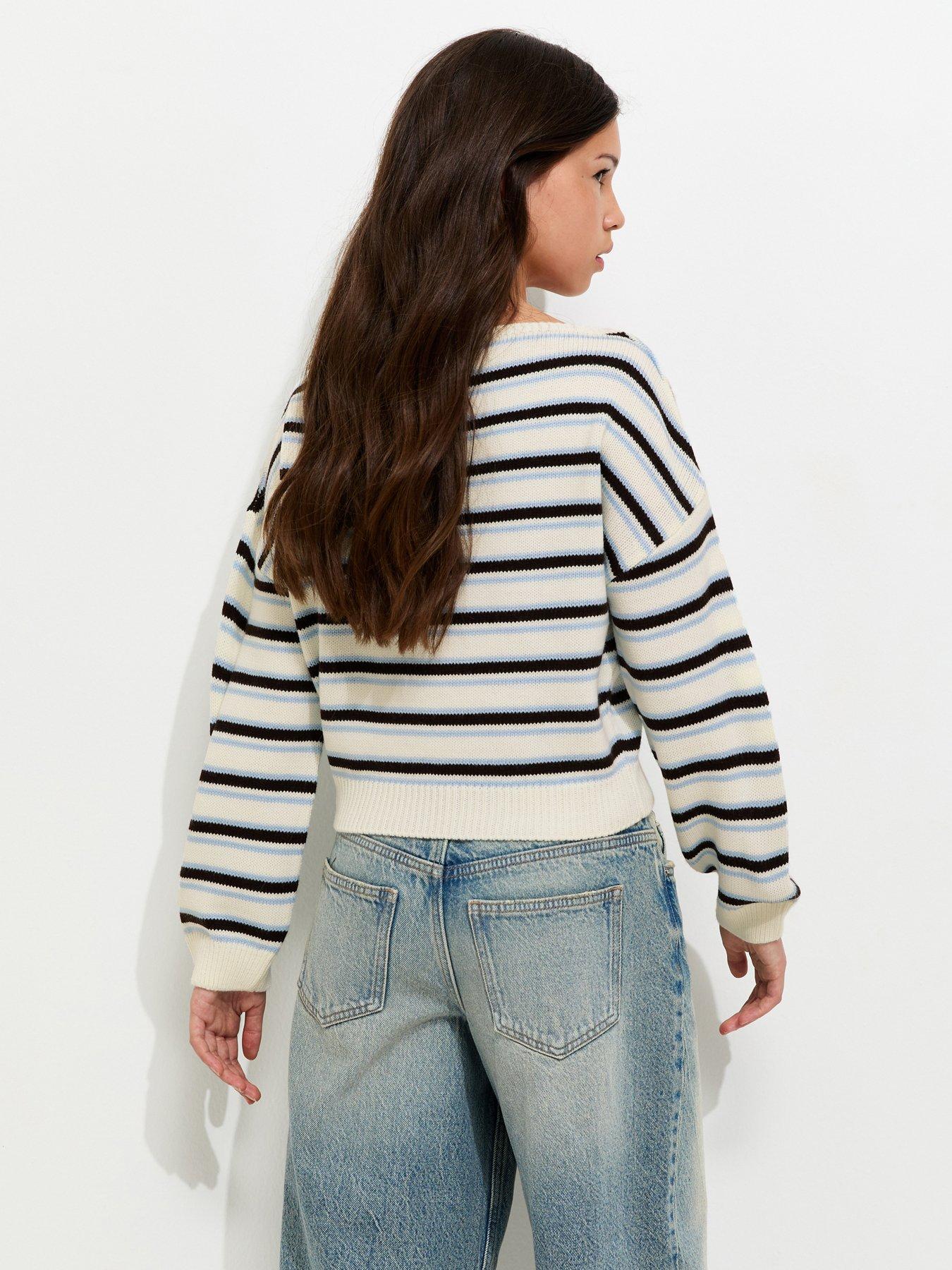 Image 2 of 5 of New Look 915 Girls Striped Knit Slash Neck Jumper - White