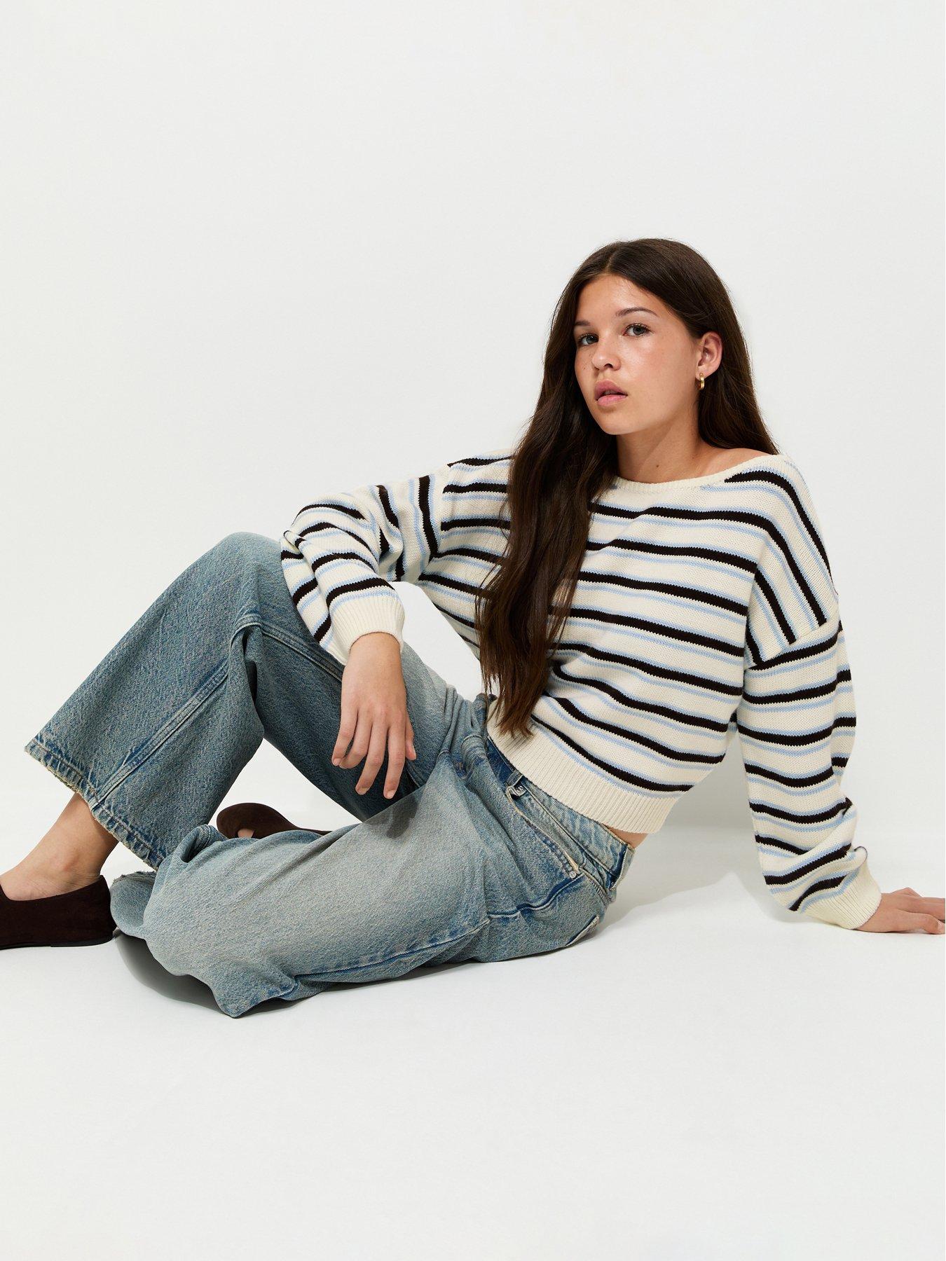Image 4 of 5 of New Look 915 Girls Striped Knit Slash Neck Jumper - White