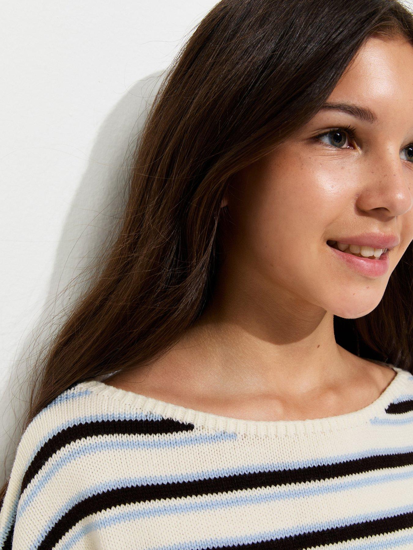 Image 5 of 5 of New Look 915 Girls Striped Knit Slash Neck Jumper - White