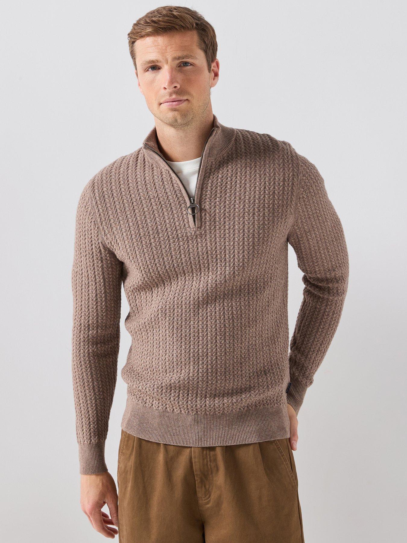 Barbour Herringbone Textured Zip Knitted Jumper - Beige