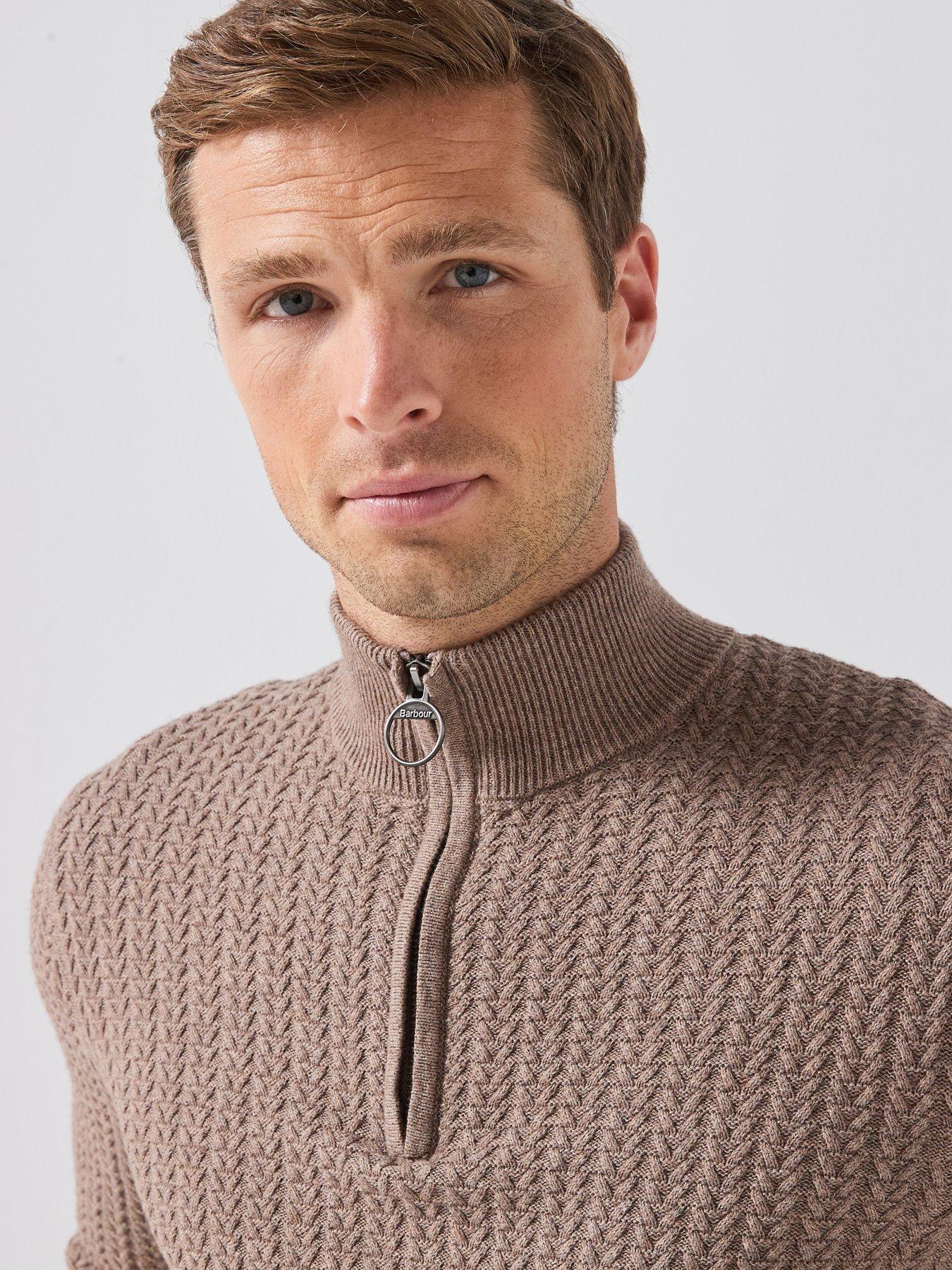 Image 6 of 6 of Barbour Herringbone Textured Zip Knitted Jumper - Beige