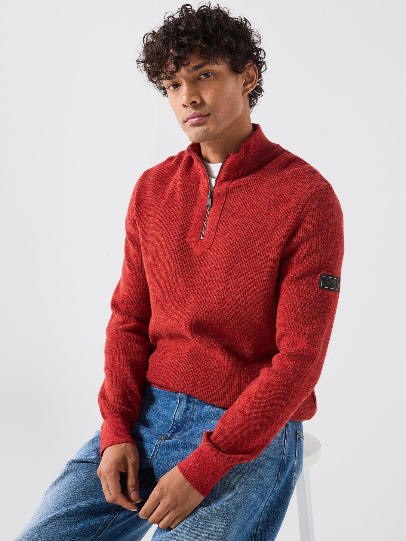 Barbour International Mens Crawley Quarter Zip Wool-Cotton Knitted Jumper, Red, Size Xl, Men