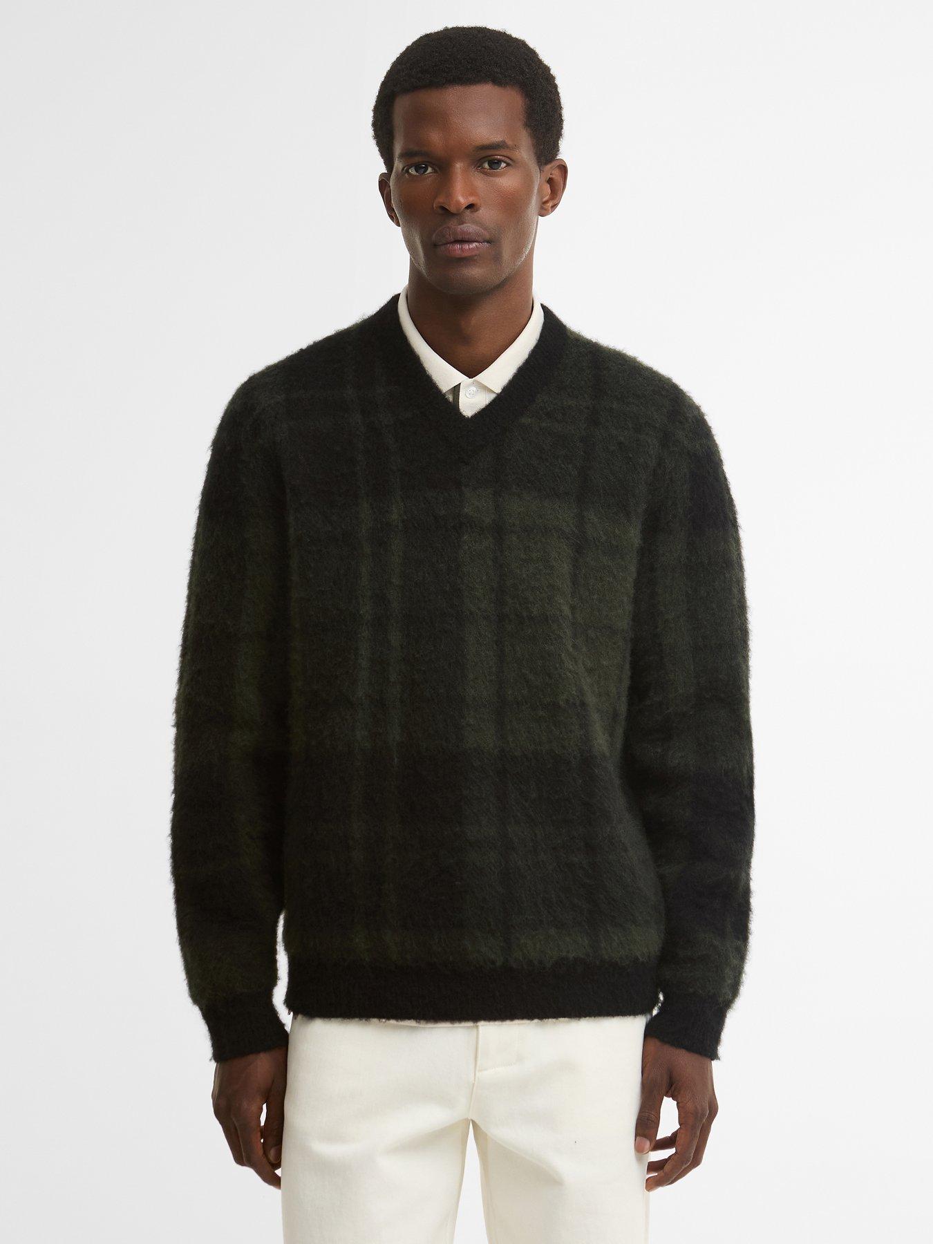 Barbour Hunham Tartan V-Neck Knitted Jumper, Black, Size L, Men