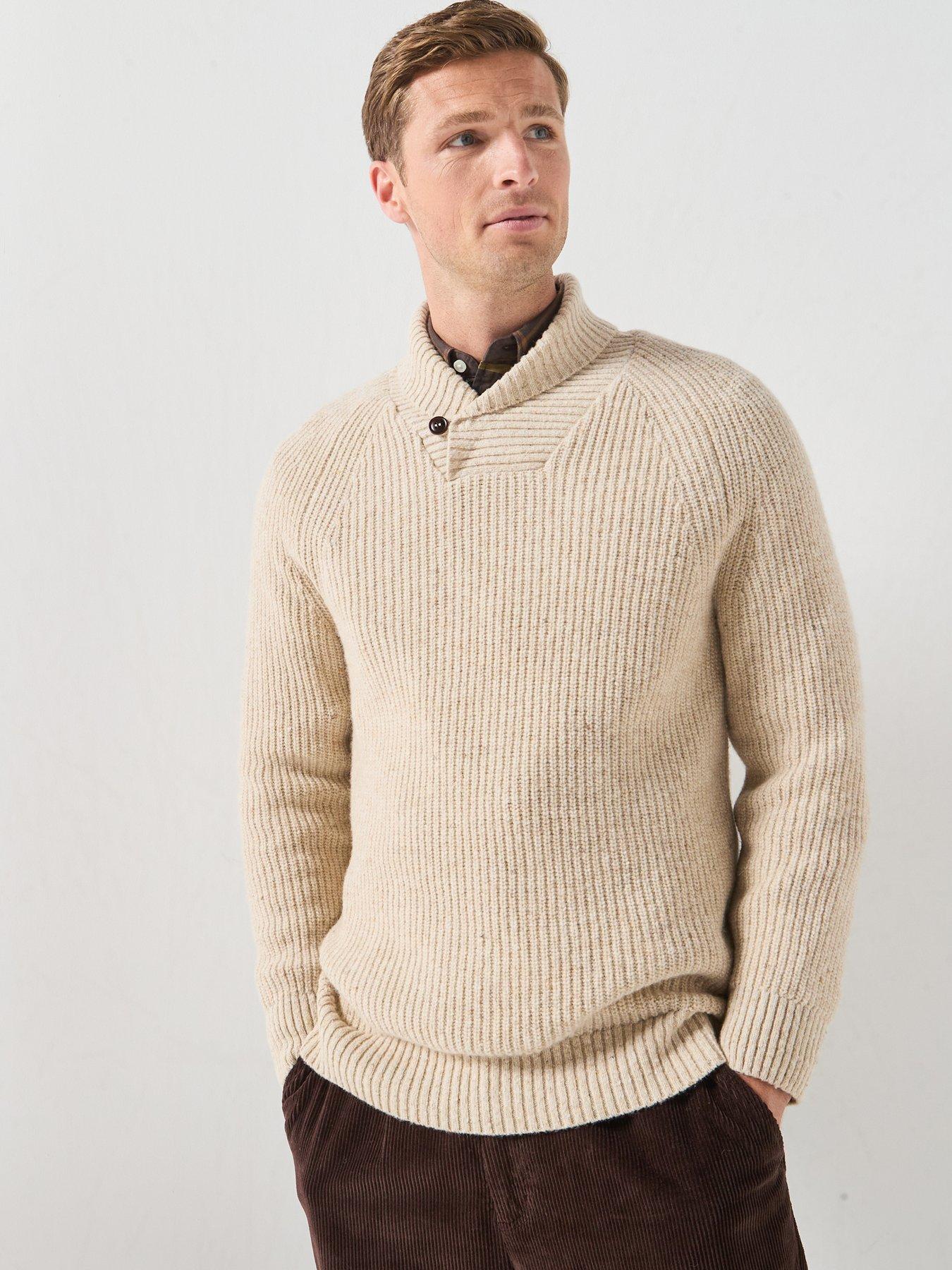 Image 1 of 5 of Barbour Mens Fleck Shawl Neck Ribbed Knitted Jumper - Cream
