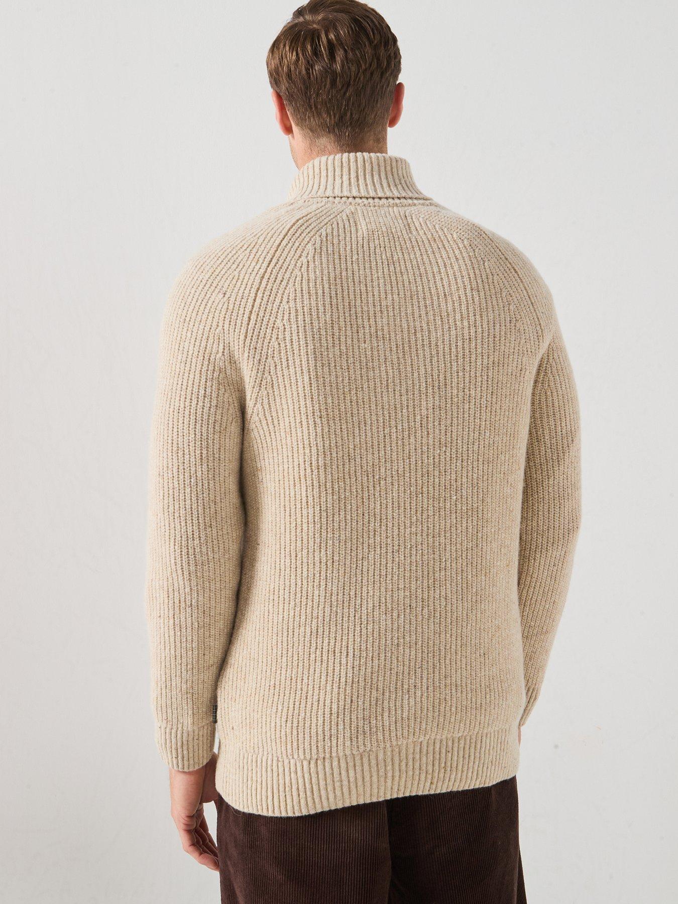 Image 2 of 5 of Barbour Mens Fleck Shawl Neck Ribbed Knitted Jumper - Cream
