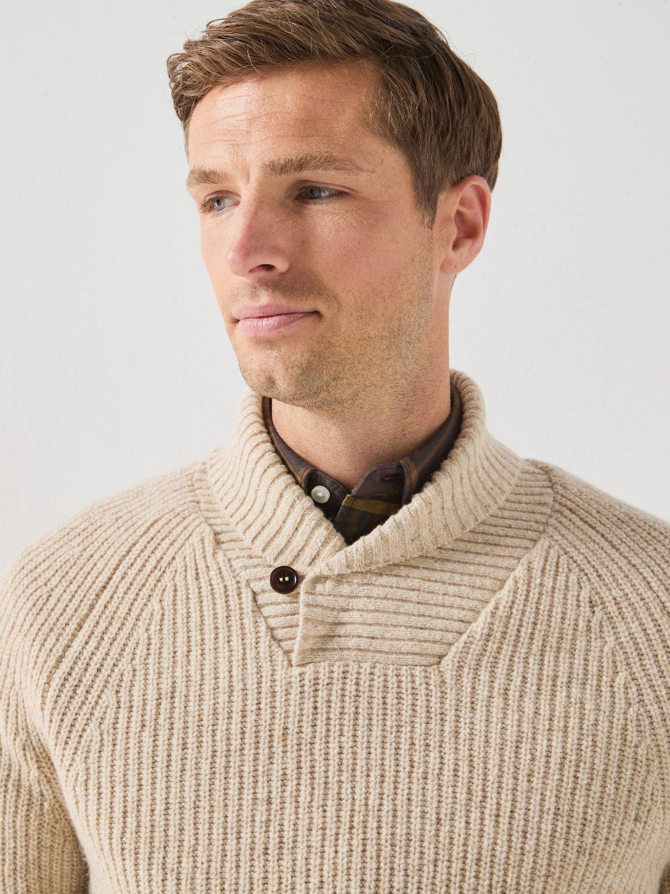 Image 4 of 5 of Barbour Mens Fleck Shawl Neck Ribbed Knitted Jumper - Cream