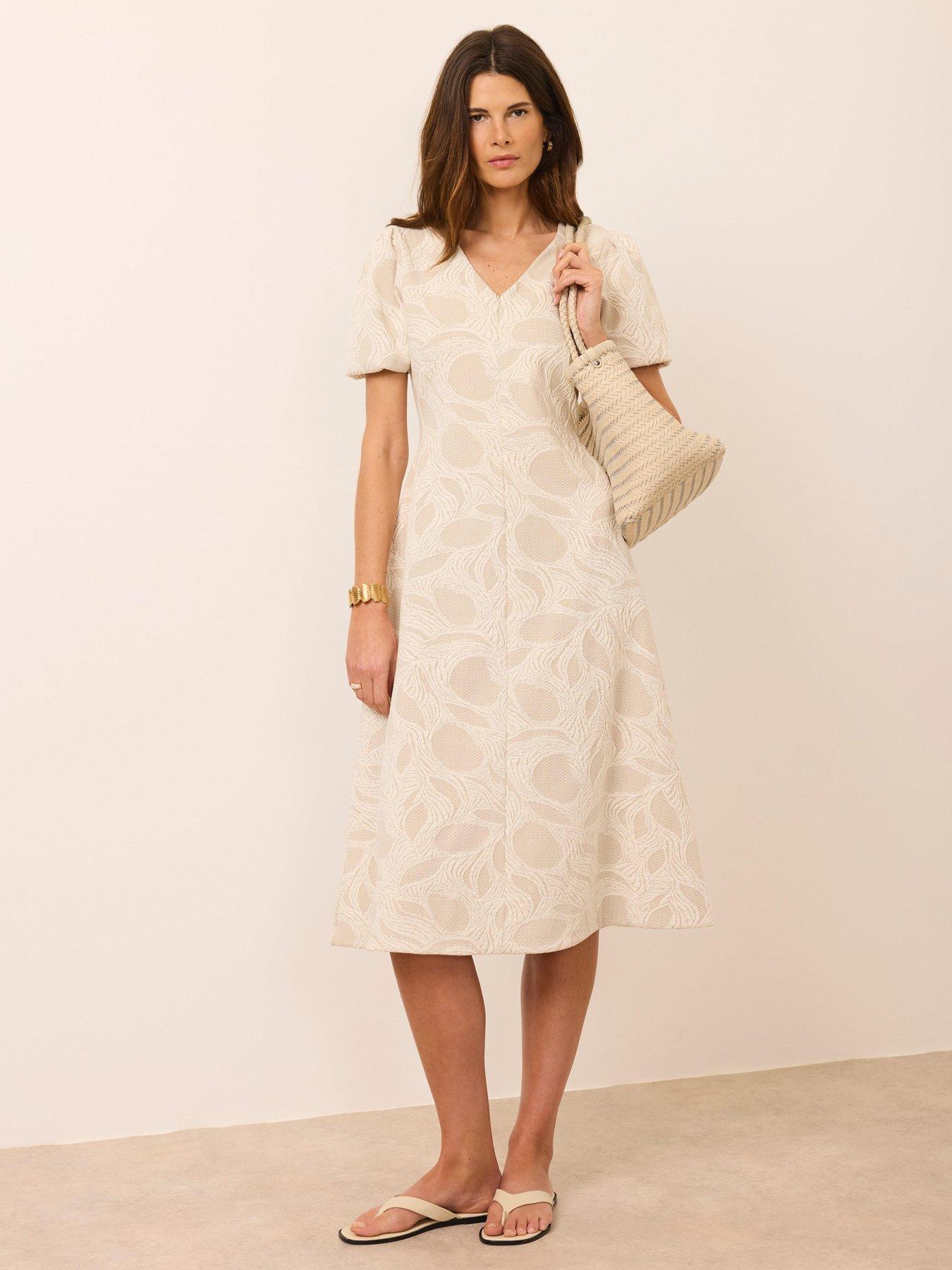 Mint Velvet Puff Sleeve Jacquard Dress - Cream | Very